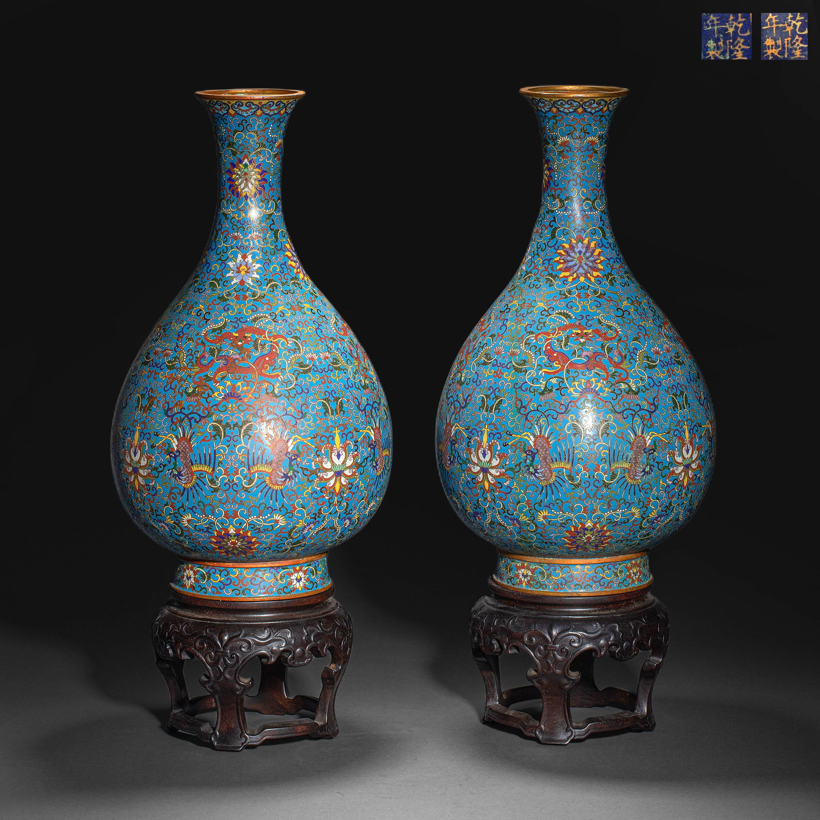 A pair of Qing Dynasty cloisonné enamel jade pots with floral and dragon patterns and spring: A pair of Qing Dynasty cloisonné enamel jade pots with floral and dragon patterns and spring appreciation vasesH38.5cm W20cm Weight5000g