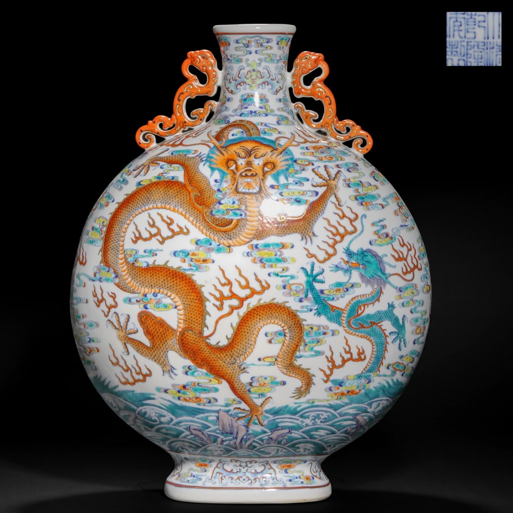 Qing Dynasty famille rose dragon godson holding the moon vase: Qing Dynasty famille rose dragon godson holding the moon vaseH50cm W35cm