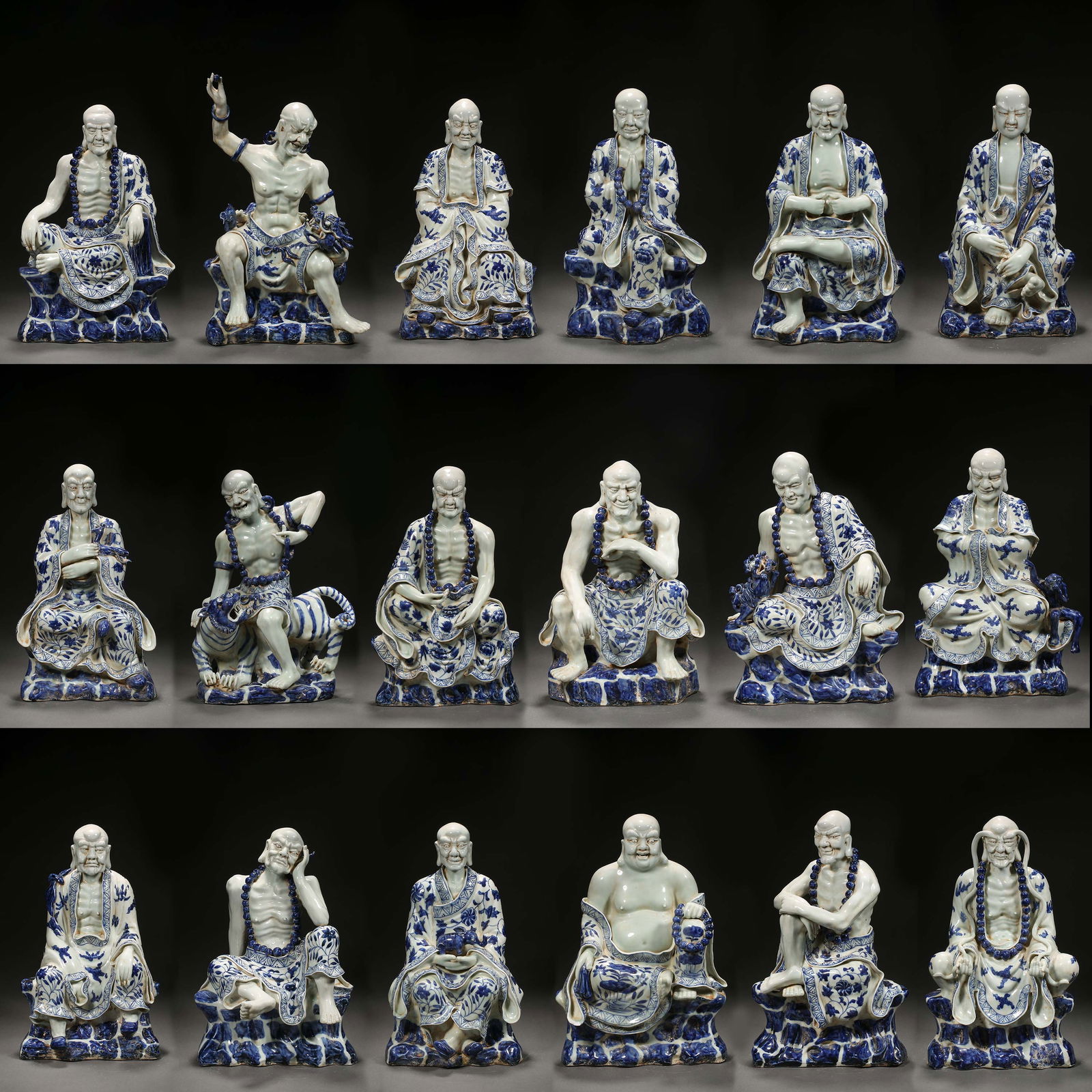 Qing Dynasty Blue and White Eighteen Arhat Statue: Qing Dynasty Blue and White Eighteen Arhat StatueH34cm W22cm
