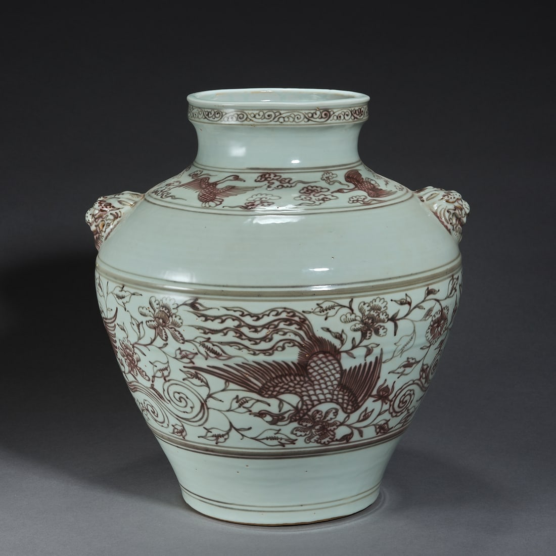 Ming Dynasty shadow green underglaze red phoenix pattern amphora: Ming Dynasty shadow green underglaze red phoenix pattern amphoraH36cm W32cm