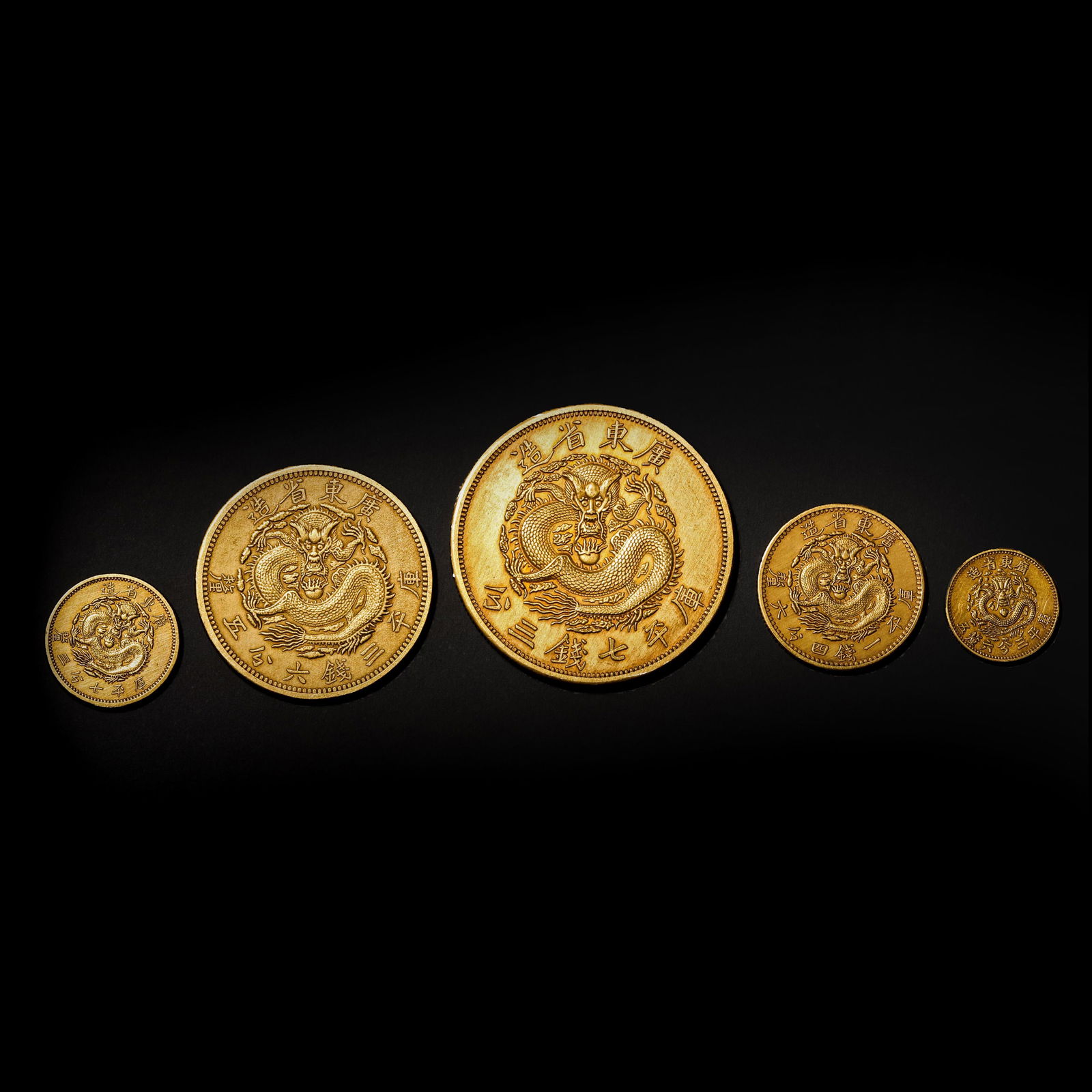 A set of Guangdong Province gold coins with dragon pattern in Qing Dynasty: A set of Guangdong Province gold coins with dragon pattern in Qing DynastyDiameter3.98cm Wight71g
