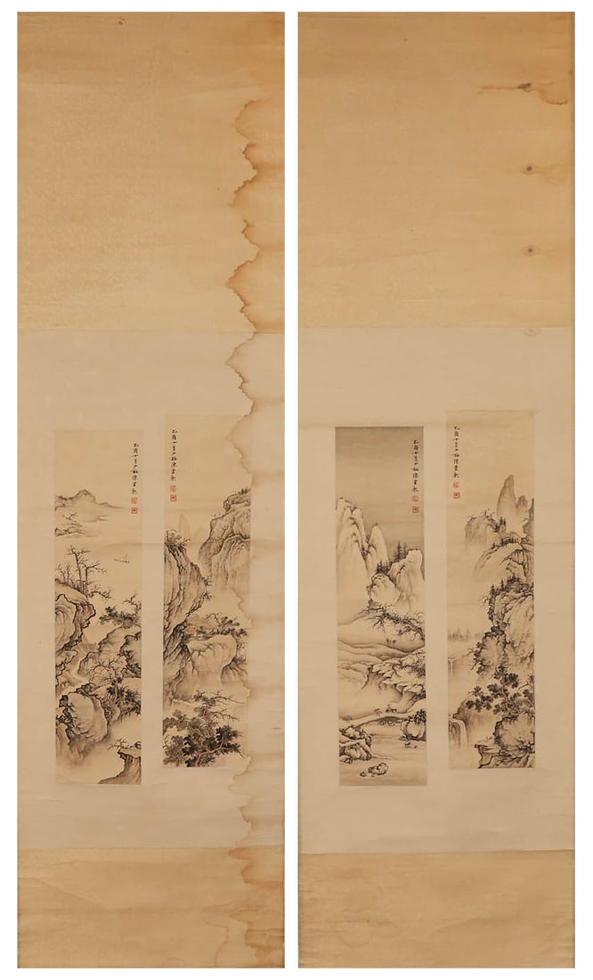 Qing Dynasty Chen Shaomei's four-striped landscape painting on paper: Qing Dynasty Chen Shaomei's four-striped landscape painting on paperH:64cm,W:35cm