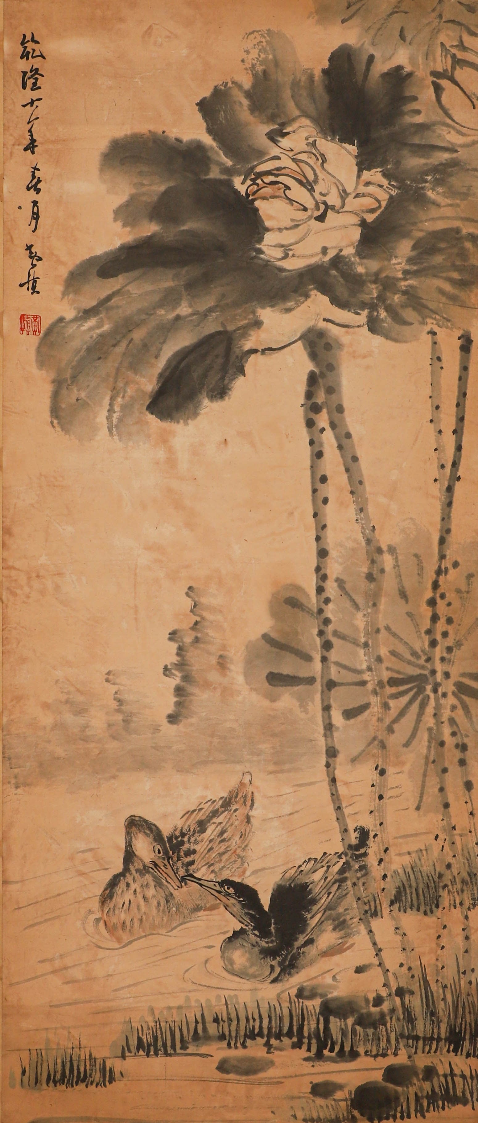 Qing Dynasty Huang Shen's hanging scroll with lotus on paper: Qing Dynasty Huang Shen's hanging scroll with lotus on paperH:121cm,W:51cm