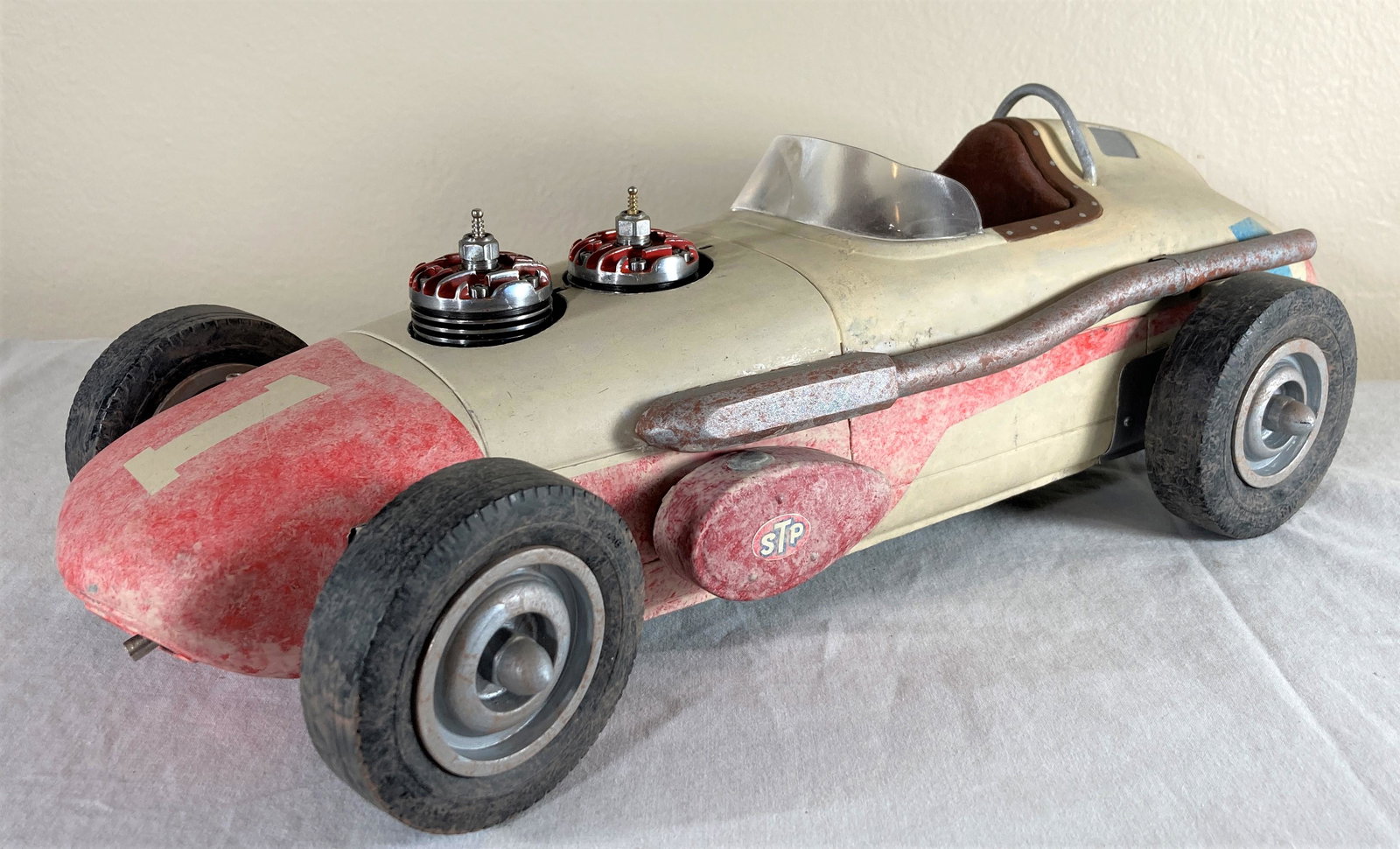 Custom Tether Control Line RC Indianapolis 500 Sears 4247 Tin Toy Racecar Racer Model: This is an extremely high quality custom tether car made from a Sears Roebuck 4247 Tin Indianapolis 500 Racer. The workmanship is utterly incredible. High quality machining in the undercarriage. Engin