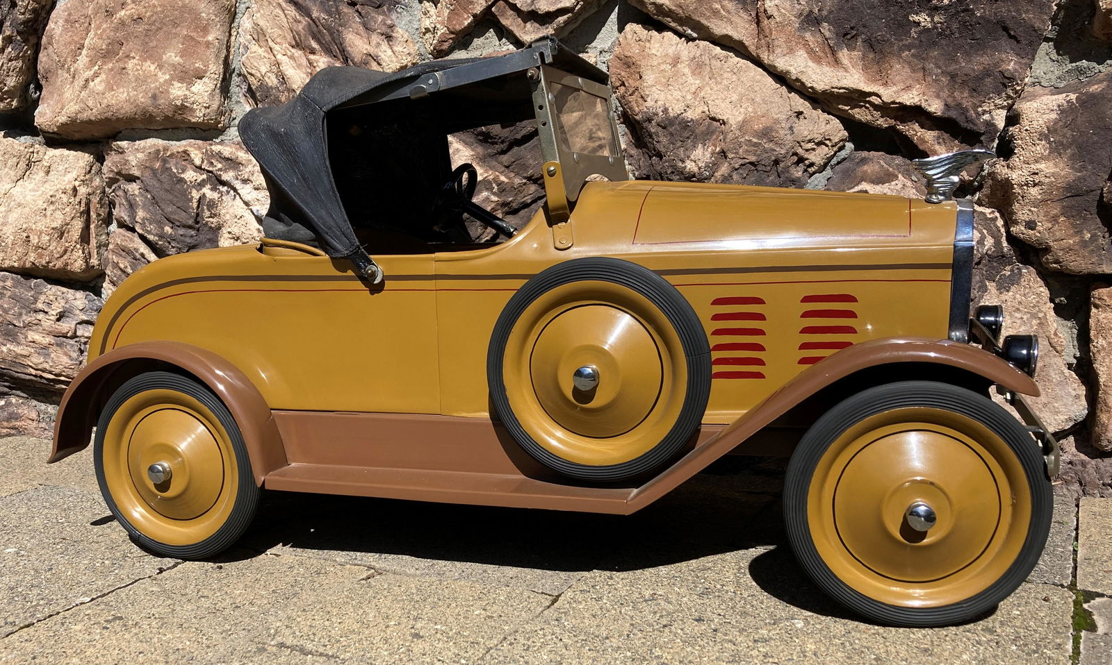 American National Packard Pressed Steel Pull Toy Car Vehicle: This is an utterly incredible toy. Massive size. Approximately 28 inches long. It appears to have been professionally restored at some point. The dash appears to be original. The canopy might be origi