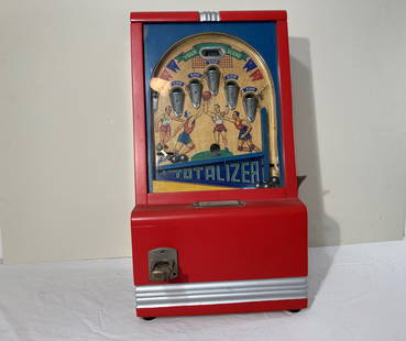 1940 TOTALIZER BASKETBALL PENNY ARCADE SKILL GAME: This is a wonderful original piece. Condition is very good with some minor wear. It appears to have been restored. Comes as shown. Key missing, door locked. Does appear to function correct. This is a