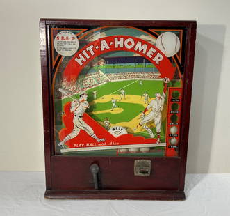 1940'S HIT-A-HOMER VINTAGE Penny ARCADE GAME: This is a wonderful piece showing some wear. Appears to function correctly. Has been sitting for 25 years and will likely need to be gone over, oiled, serviced. This is large and heavy. Pick up is req