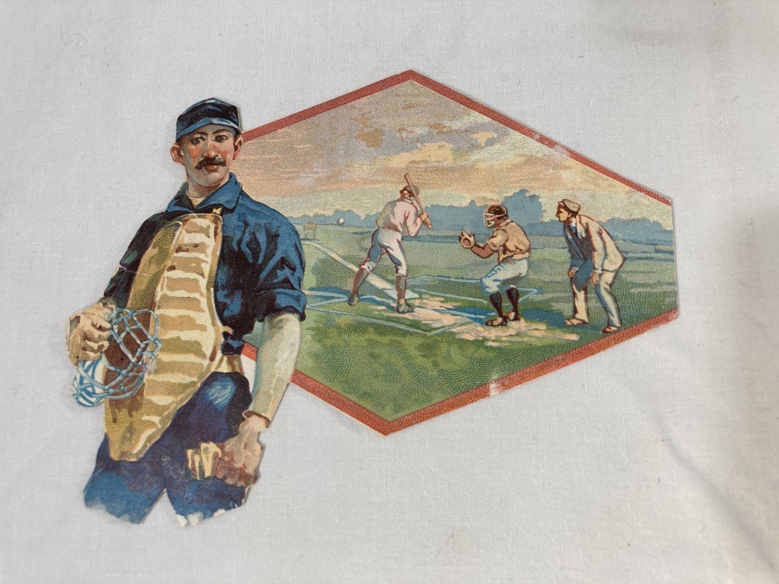 Early Baseball Lithographed Diecut Label: This is a nice piece showing some wear. Comes as shown