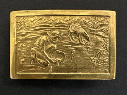 Antique Vintage Gold Rush Belt Buckle With Mining Scene: Gold Rush Buckle With Mining Scene. This is a great gold plated buckle that we have not seen before. It is very detailed and well done with fine relief and the condition is very good. Shows little or