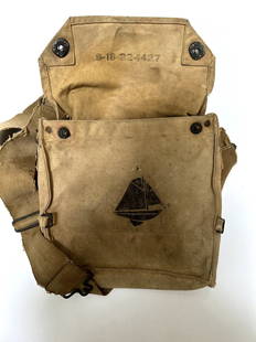 Antique US Naval or Coast Guard Canvas Shoulder Pack with Markings: US Naval or Coast Guard shoulder pack ww1. There is a sailboat and 4 skull and crossbones marked on the strap. This could be a gas mask pack? Made of strong canvas material it is all there showing age
