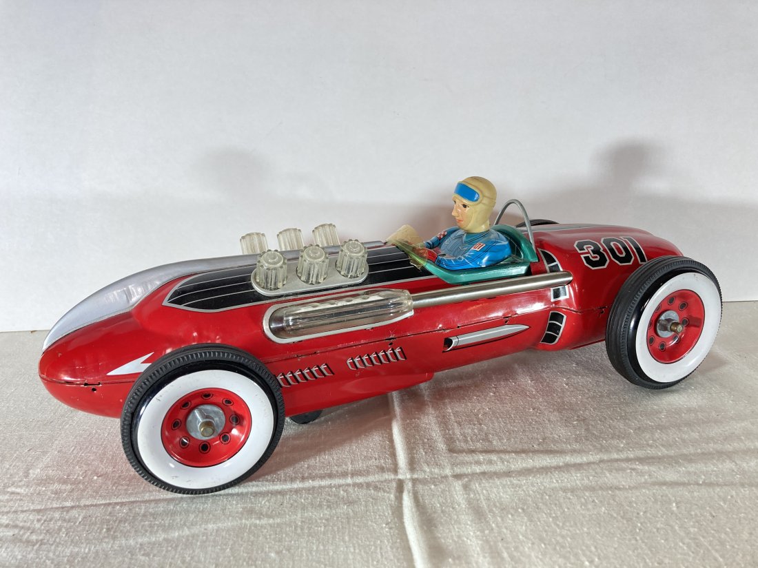 Masudaya Modern Toys Tin Lithograph 301 Racer Racecar 18": This is very nice racecar in very good condition.