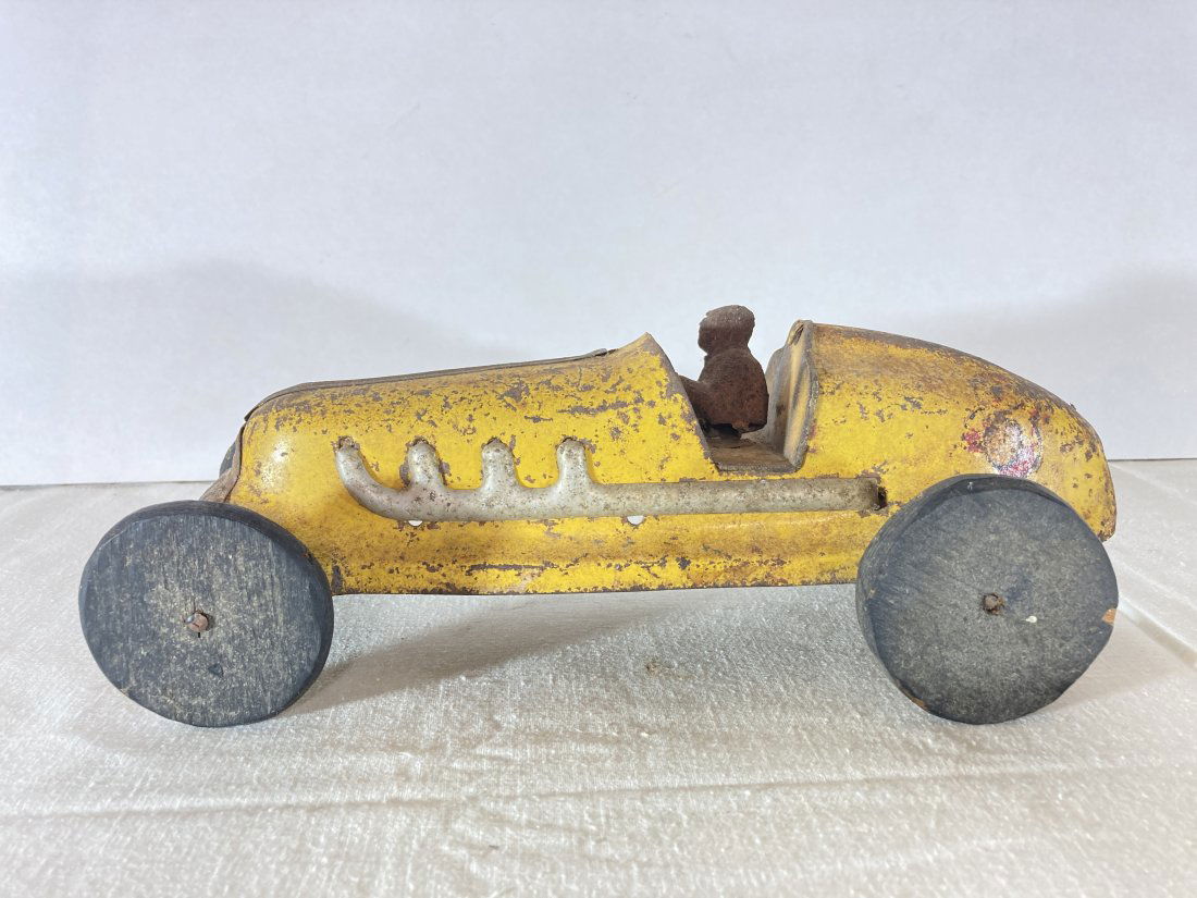 Early Pressed Steel Toy Racer Racecar: Replaced wheels. As is condition
