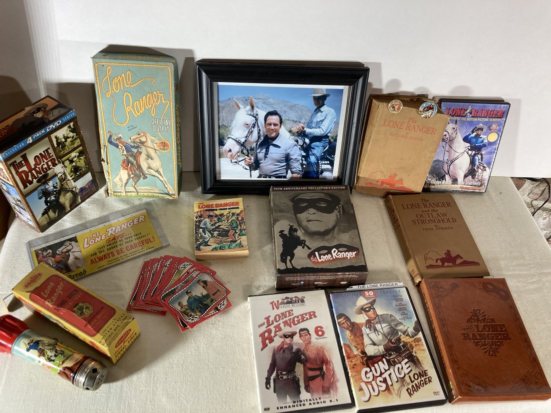 Vintage Lone Ranger Collectables Lot: DVD's, books, cards, flash light picture. Cap gun box is empty