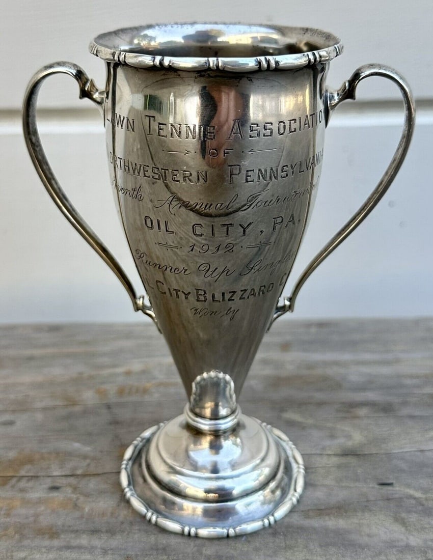 Antique 1912 Oil City Pennsylvania Lawn Tennis Sterling Silver Trophy (1 of 7)