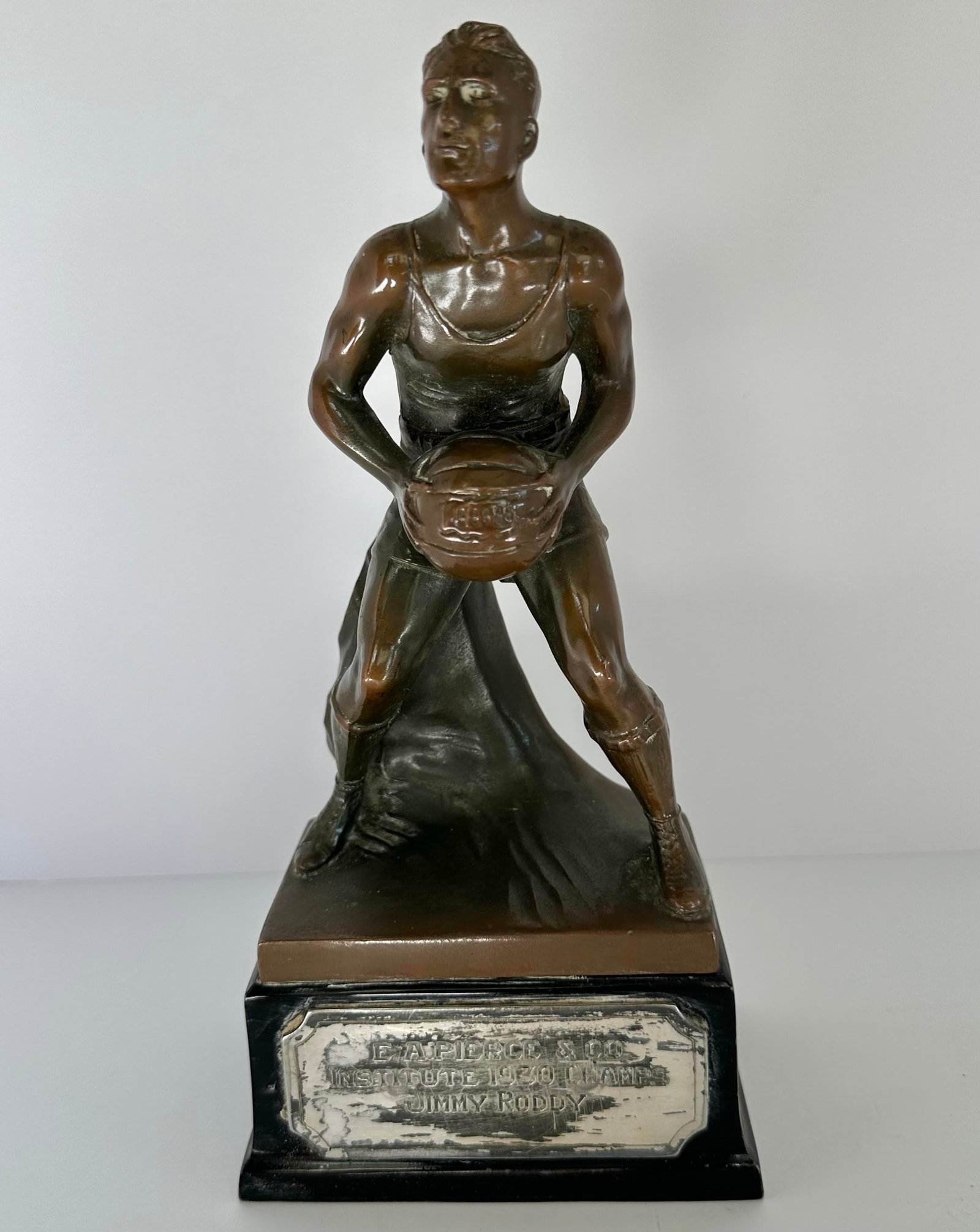 Antique Weidlich Brothers WB E.A. Pierce Bronze Basketball Player Trophy: This is an Antique 1930 Weidlich Brothers WB E.A. Pierce & Co. Champs Bronze Basketball Player Jimmy Roddy Trophy. Very nice bronze basketball player with event plate on the base. Very fine quality br
