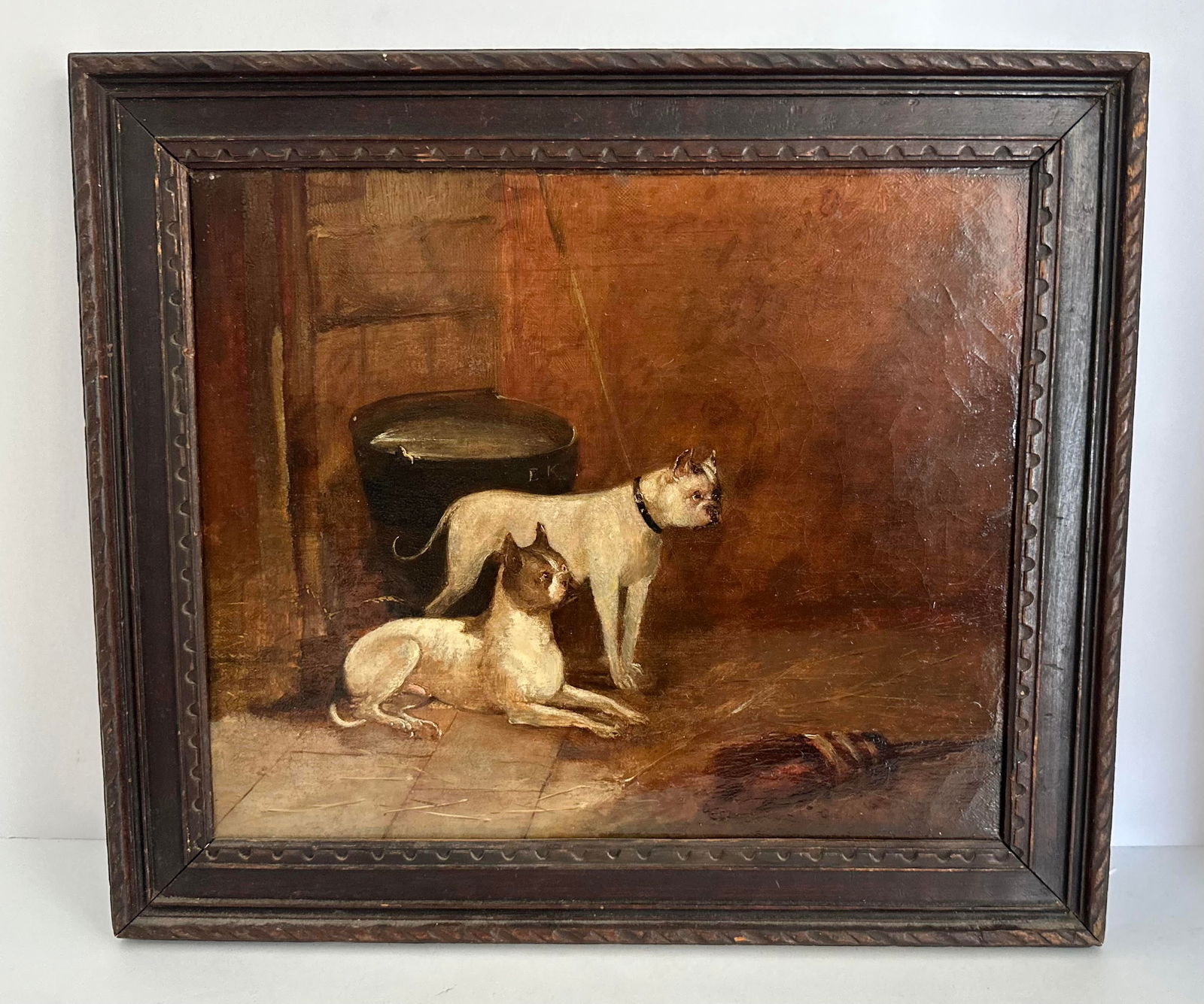 Antique Signed Dated 1888 American Bulldog Boxer Terrier Dogs Oil Painting (1 of 7)