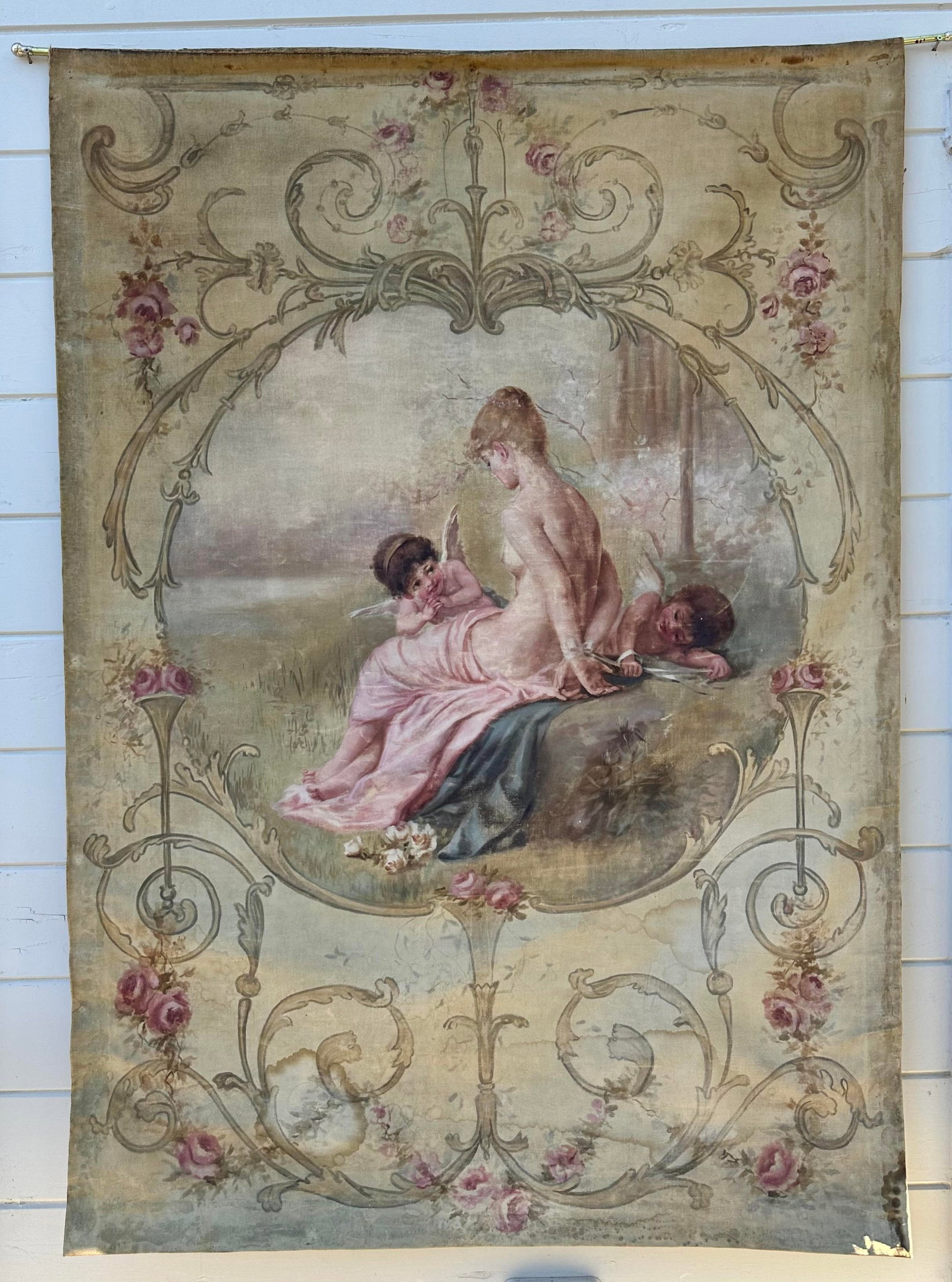 Antique 1894 San Francisco Winter Exposition Canvas Lady Pavilion Painting: This is a LARGE Antique 1894 San Francisco Winter Exposition Canvas Lady Pavilion Painting…Overall the canvas is large measuring 67 inches tall and 48 inches wide…The Art Nouveau style is beautifu