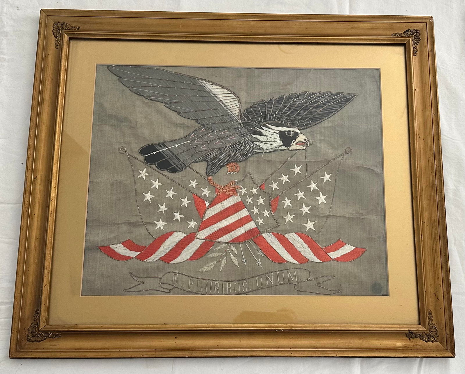 Antique 1847 Embroidered Patriotic Folk Art American Eagle US Flag 29 Stars Iowa (1 of 4)