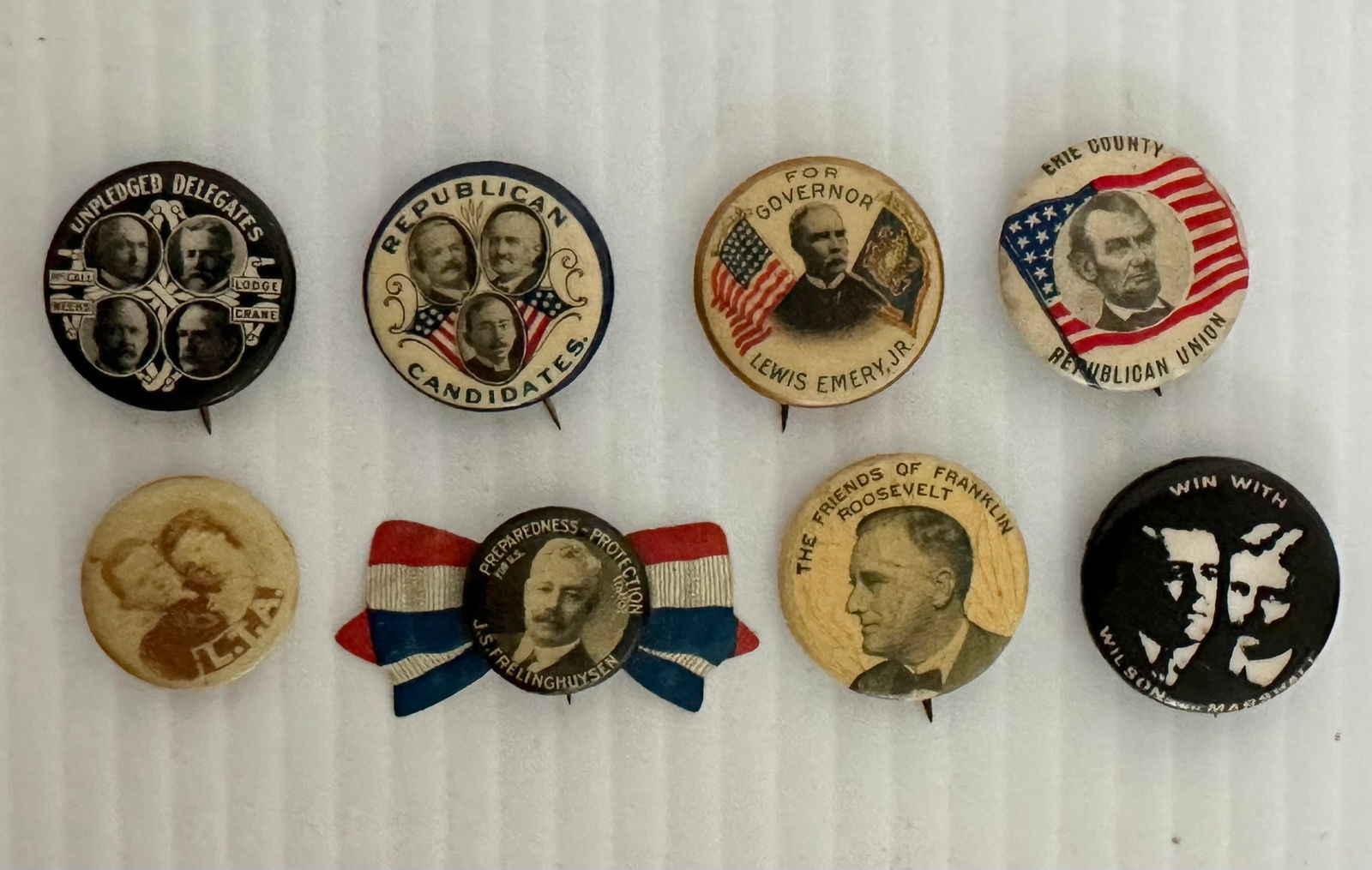 Lot of 8 Unique Antique c1900 Political Campaign Buttons Trigate Quadgate (1 of 4)
