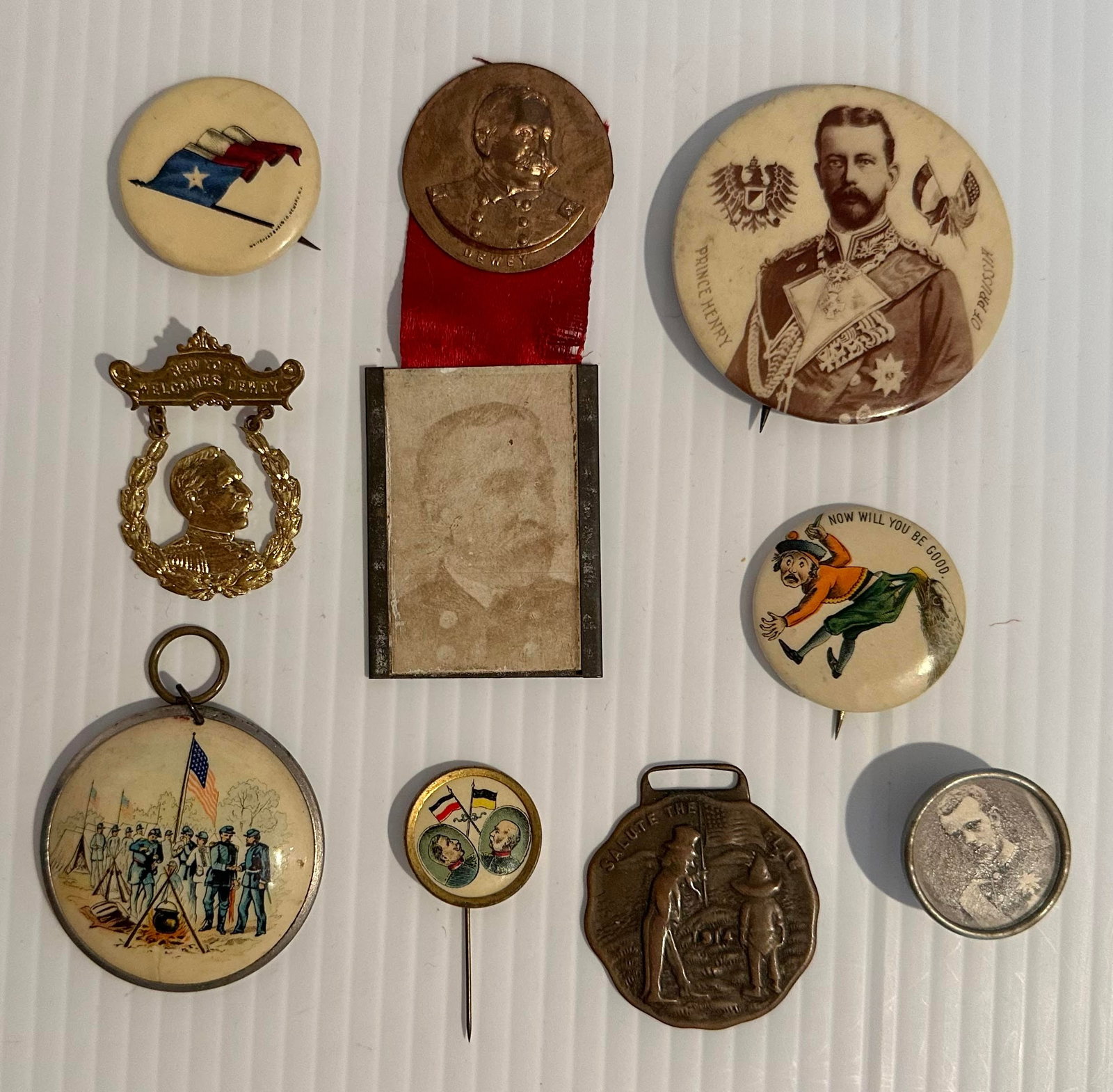 Lot of 10 Antique Spanish American War Buttons Admiral Dewey: This is a Lot of 10 Antique Spanish American War Buttons including 2 Admiral Dewey, an 1890s Spanish American War " Now Will You Be Good " Button Pinback...It measures 1 1/4 inches in diameter...Made 