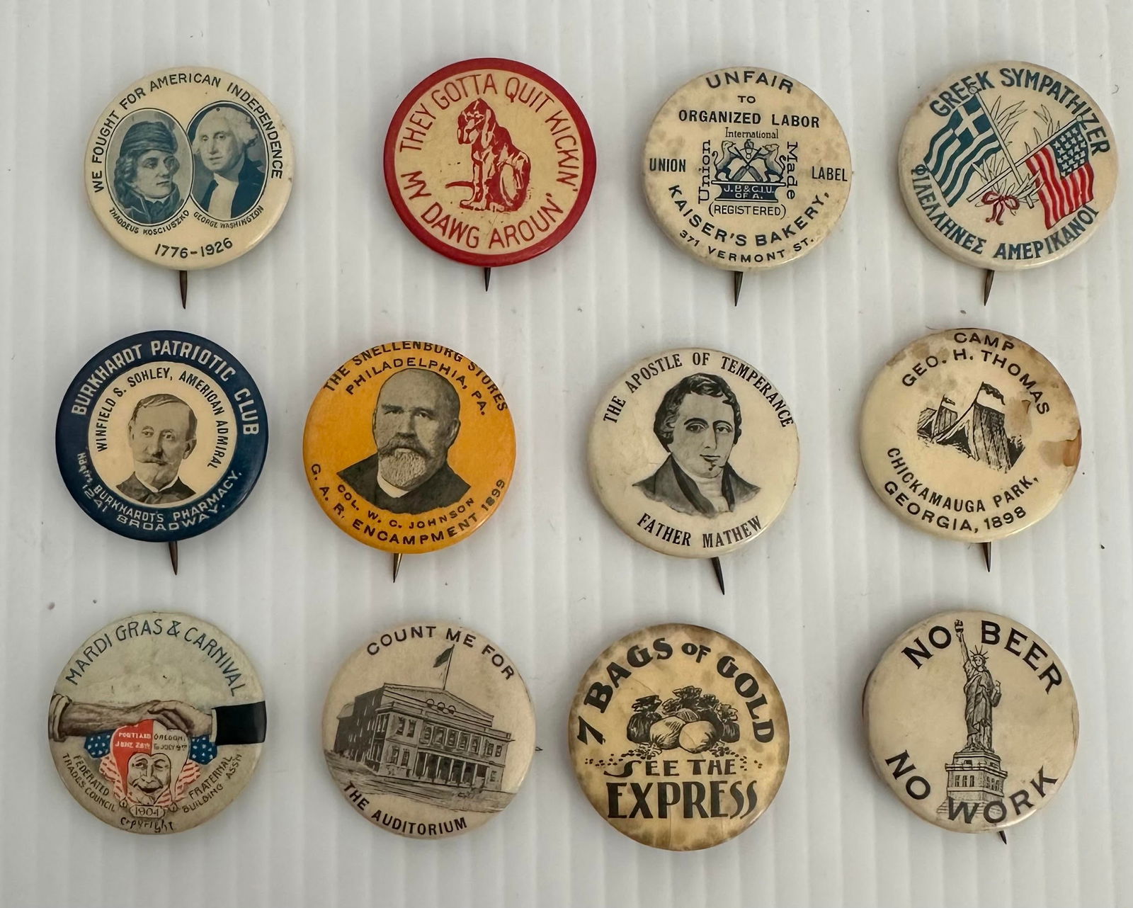 Group of 12 Antique Buttons Pinbacks Politics Prohibition Military Patriotic (1 of 4)