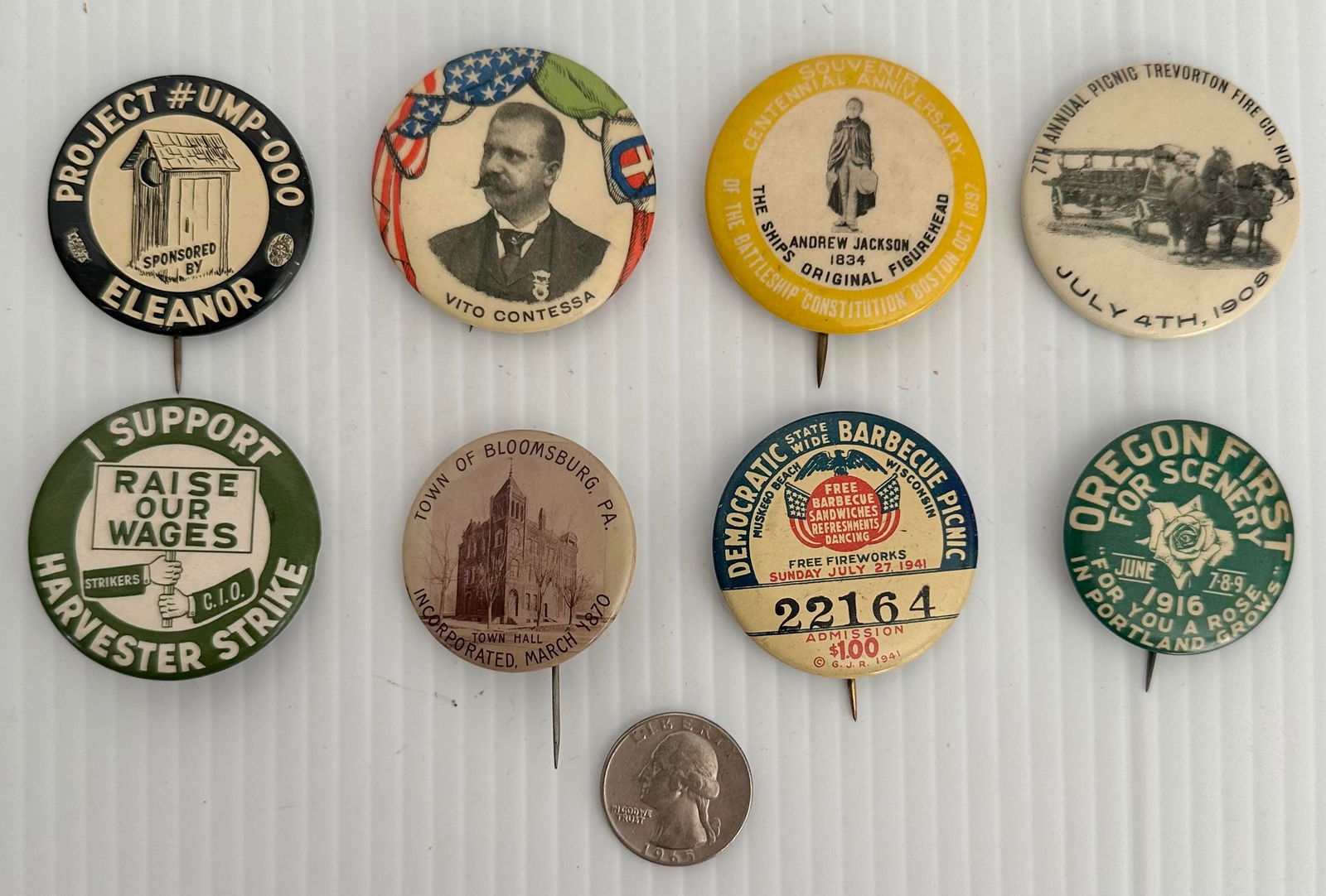 Lot of 8 Unusual Antique Buttons Pinbacks USS Constitution Fire Dept.Political (1 of 4)