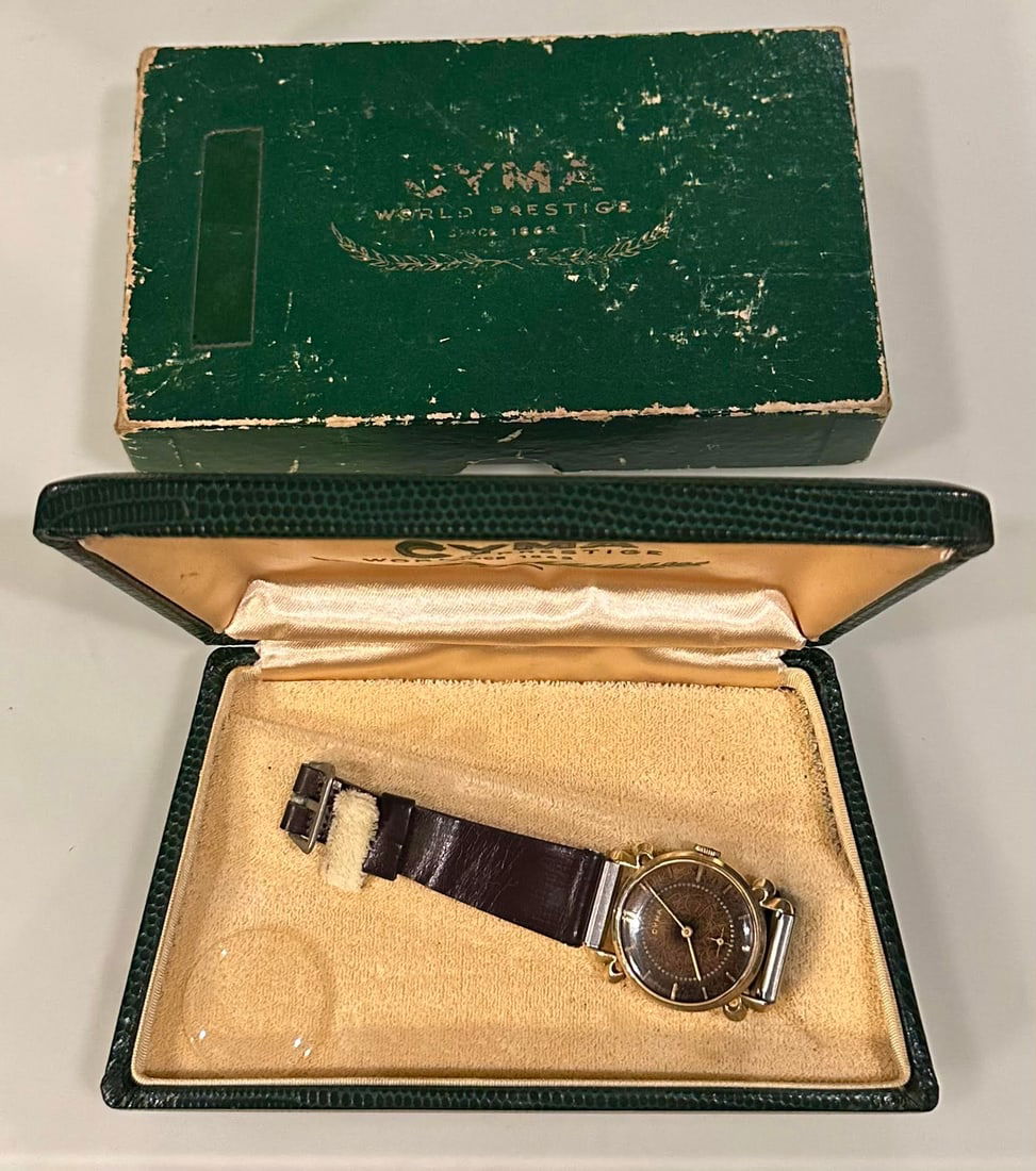 Vintage 14K Yellow Gold 34mm Cyma Mens Manual Wrist Watch in Box (1 of 8)