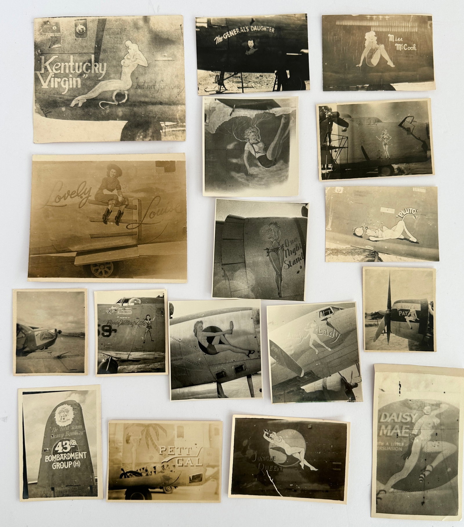 Lot of 17 Vintage WWII Airplane Nose Art Photographs: This is a Lot of 17 Vintage WWII Airplane Nose Art Photographs...Many different aircraft types represented including P-47 Thunderbolts, B-24 Liberators,B-25 Mithchell, and C-47 Skytrains. The square e