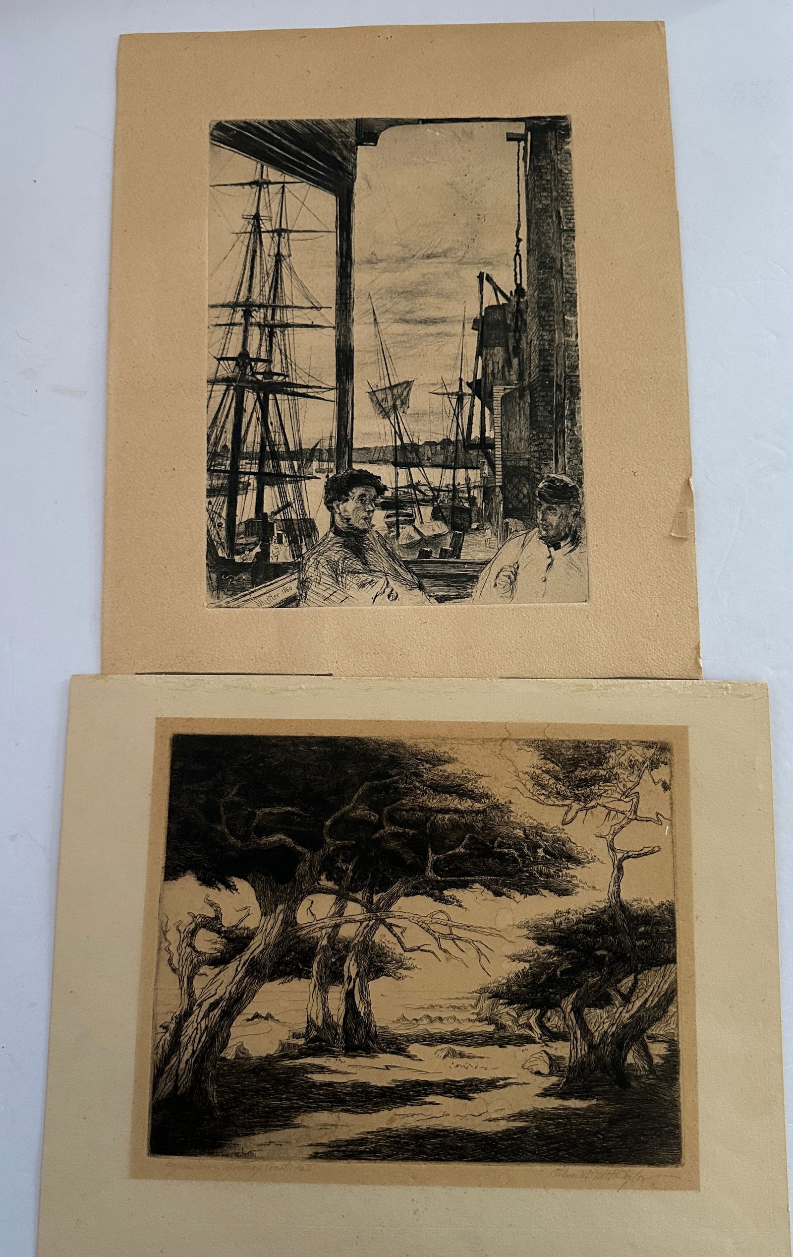 2 Antique Etchings James Whistler Edward DeWitt Taylor: This is for 2 Antique Etchings. One is James McNeill Whistler titled " Rotherhithe ( Wapping)" measuring overall 12 x 14 and the other is Edward DeWitt Taylor "Cypress Trees Monterey" measuring overal
