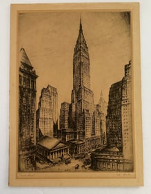 Antique Vintage Anton Schutz Etching Manhattan Building Wall Street