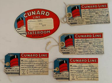 Lot of 5 Cunard Lines Steamship Luggage Tags & Decal