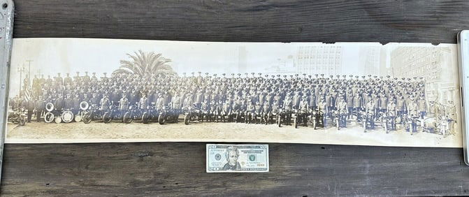 Antique Oakland CA Police & Fire Department Motorcycle Panoramic Photo