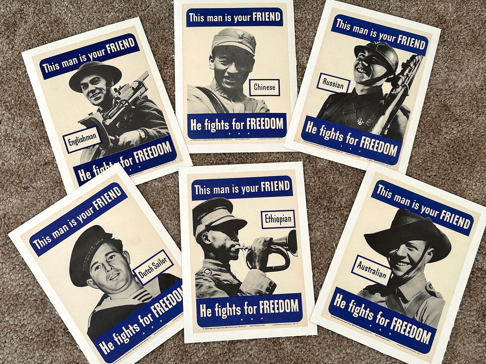 6 Vintage WWII This Man is Your Friend Propaganda Posters: This is for Six Vintage Original 1942 WW2 Propaganda Posters of Allied Friends. They are Linen Backed.Russian, Chinese, Belgium, Aussie, Ethiopian and Dutch soldiers in uniform. These posters are orig
