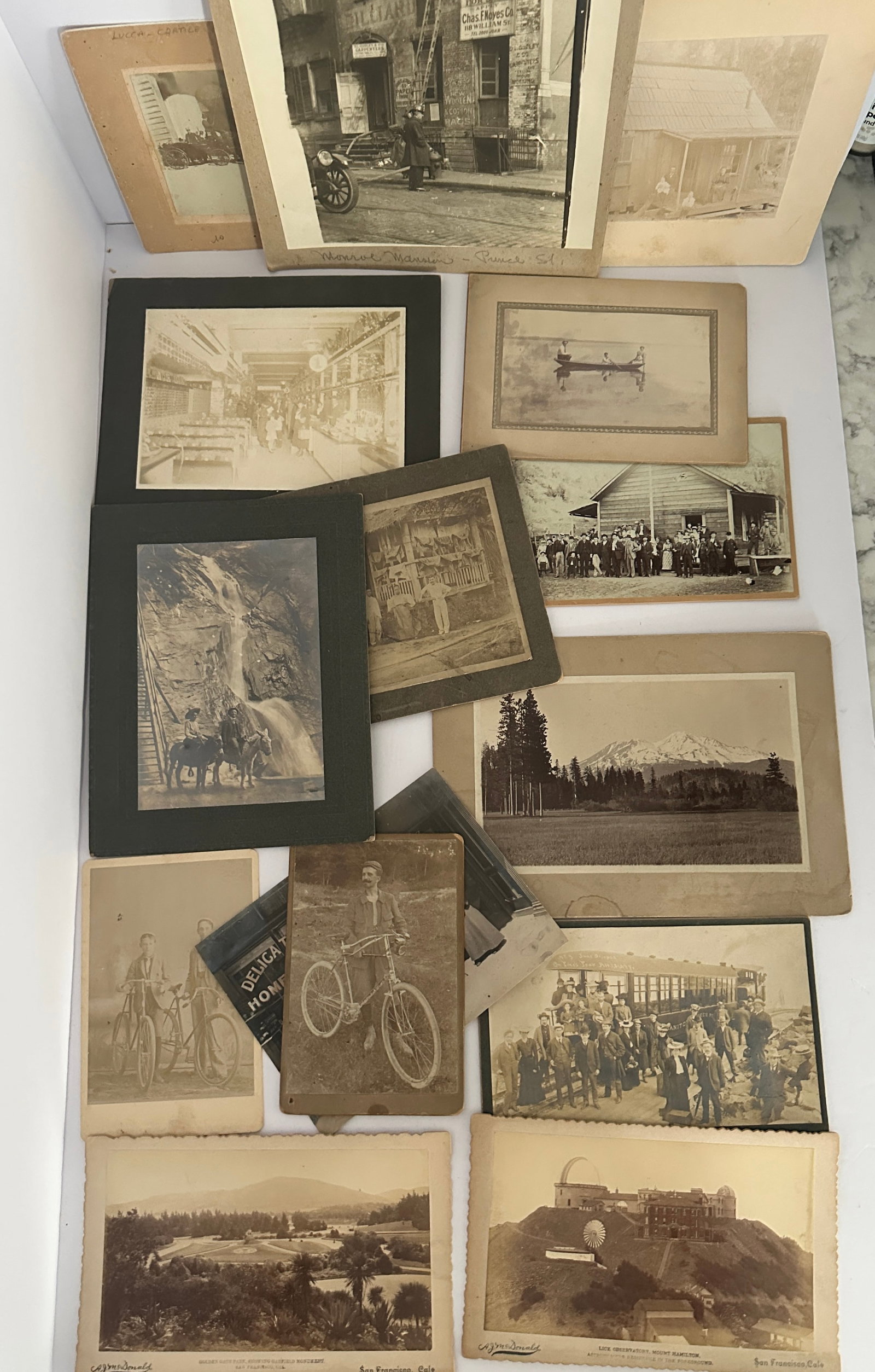 Lot 14 Antique Cabinet Photos Landscapes Bicycles Observatory: This is a Lot of 14 Antique Cabinet Photos Landscapes Bicycles Observatory...Many unique examples including old bicycles,Lick Observatory , Pikes Peak train, Landscapes, Store Counter,Fireman, San Fra