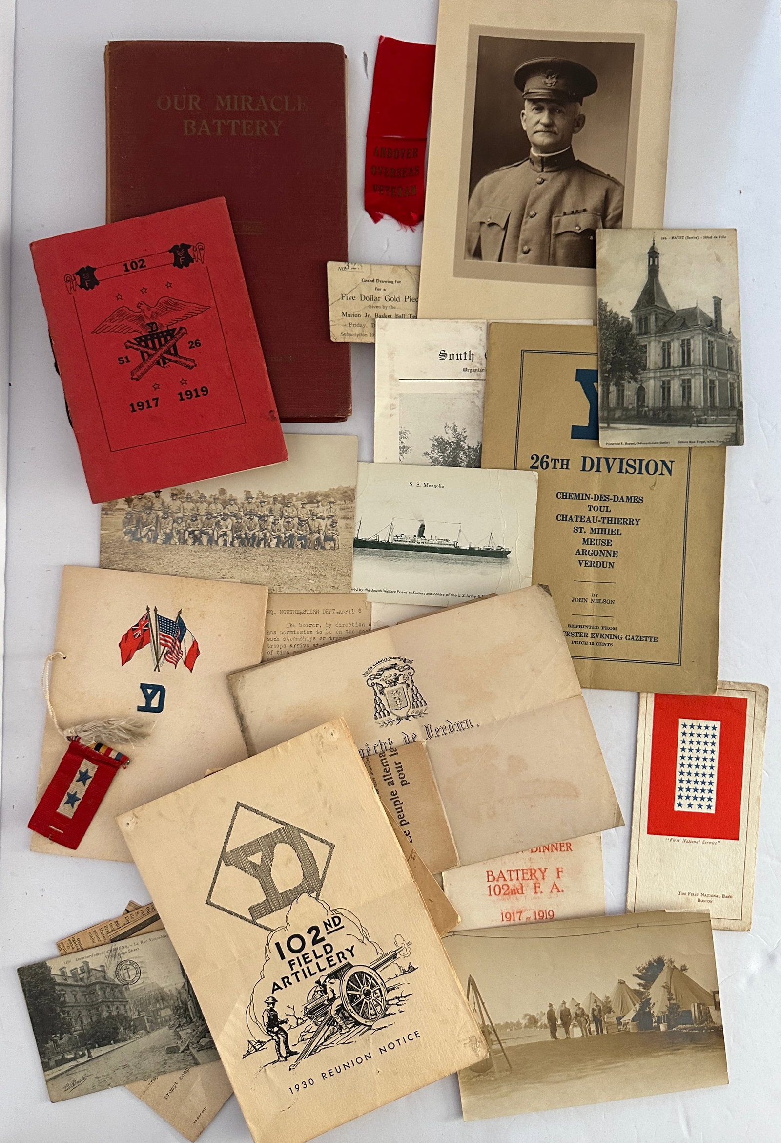 WWI 102nd Artillery 26th Div. Ephemera & Our Miracle Battery Mozely Book: This is for a group of WWI 102nd Field Artillery 26th Division Ephemera & a copy of the " Our Miracle Battery" 1920 George Mozely Book...Lots of Reunion Booklets, Photos, WWI items and history here.