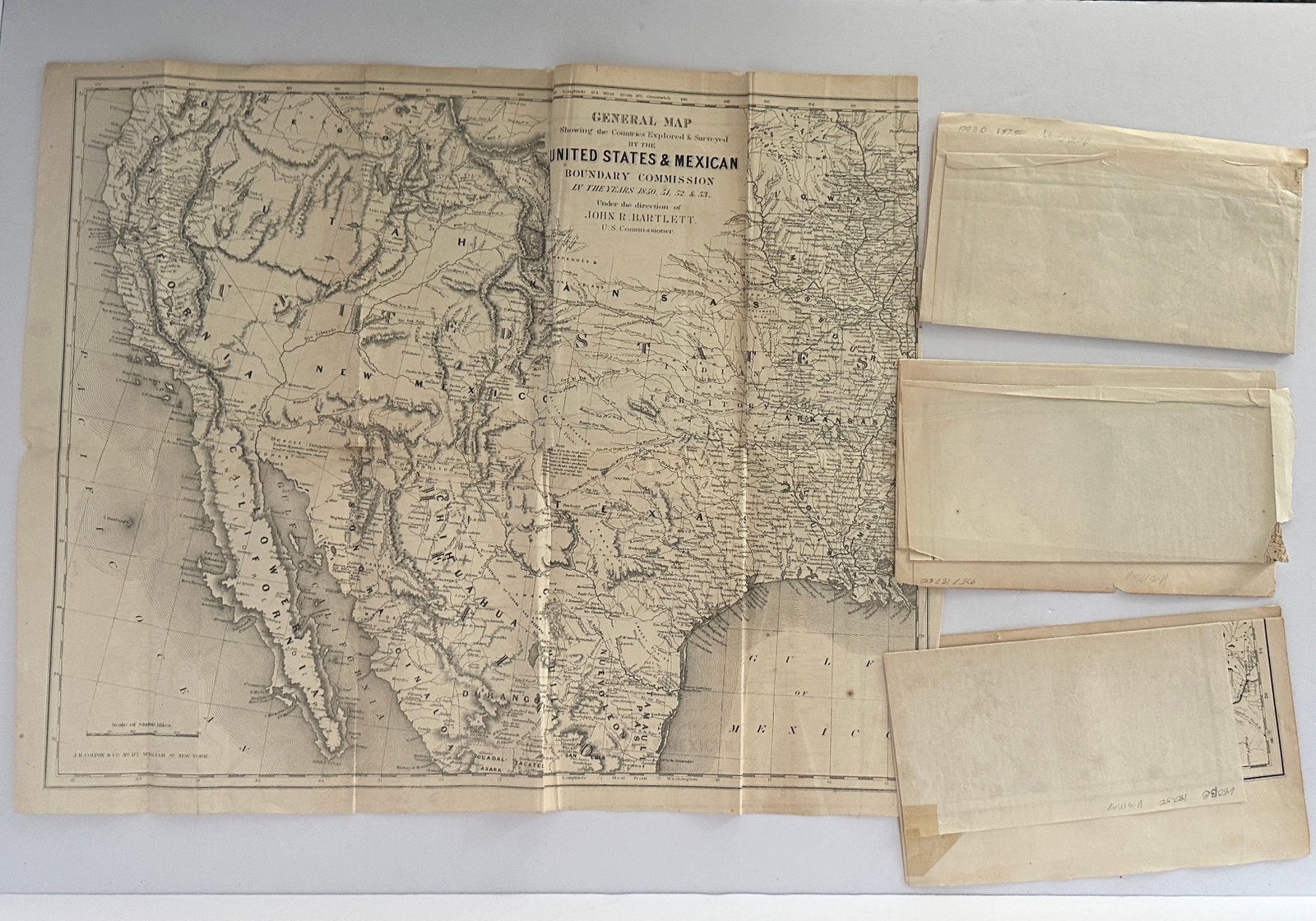 4 Antique United States Mexico Boundary John Bartlett 1850 51 52 53 Maps: This is for 4 Antique United States Mexico Boundary Commission John Bartlett 1850 51 52 53 Maps...They measures 20 1/4 x 16 1/2 inches…They all have small tears, missing border section, fold creases