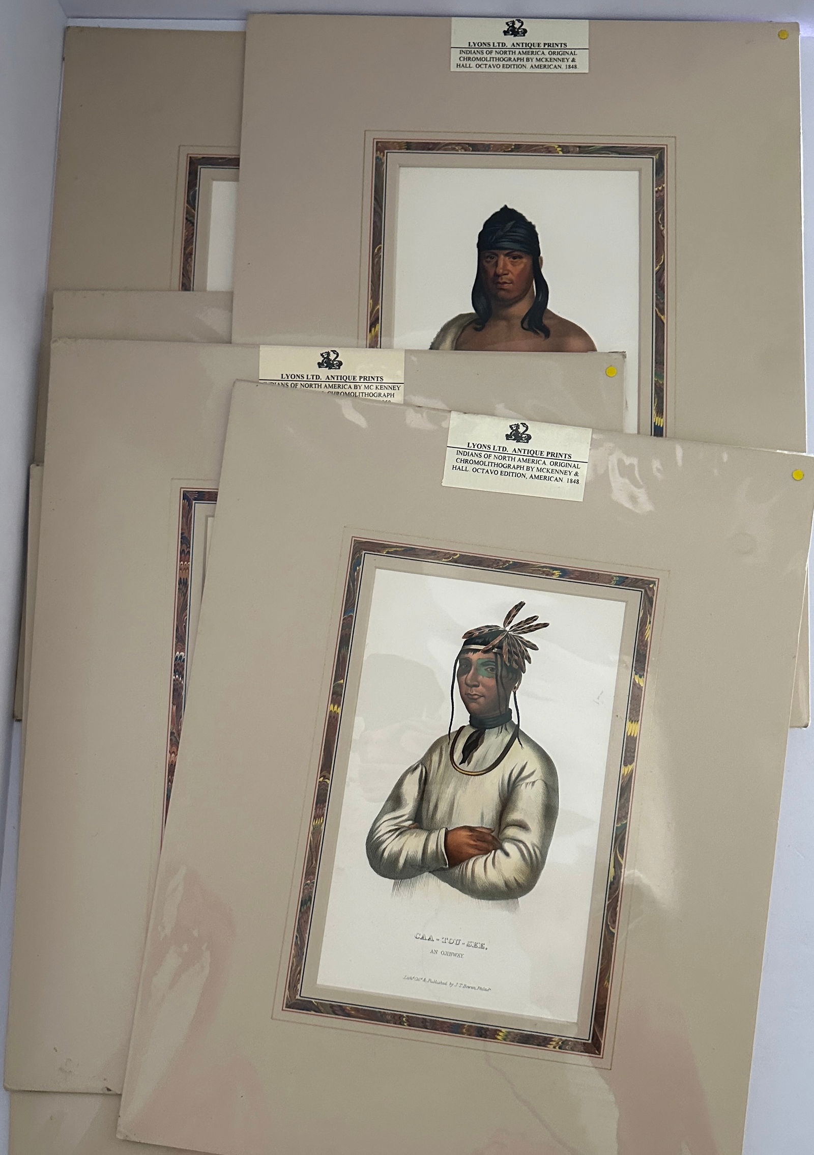 6 Antique 19th Century McKenney and Hall Native American: 6 Antique 19th Century McKenney and Hall Native American etching prints. Measure overall 20 x 14 inches...Nice condition and matted with conservation efforts. They are sealed in clear plastic so you w