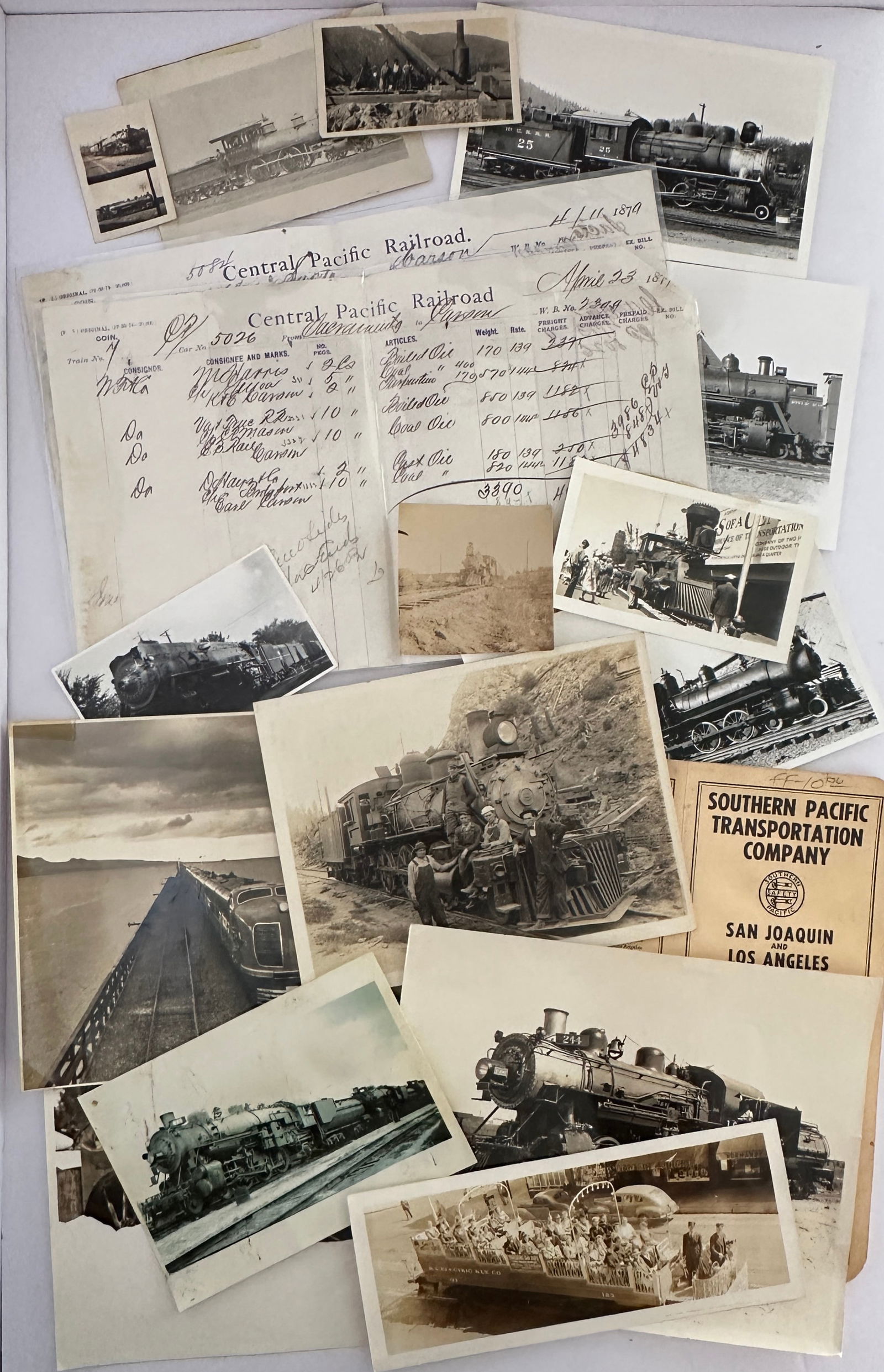 Lot of Antique Vintage Railroad Locomotive Photos and Ephemera: Lot of Antique Vintage Railroad Locomotive Photos and Ephemera...Several photos with the largest 7 x 9 inches..Also two 1879 Central Pacific Railroad receipts and a Southern Pacific Time Table.