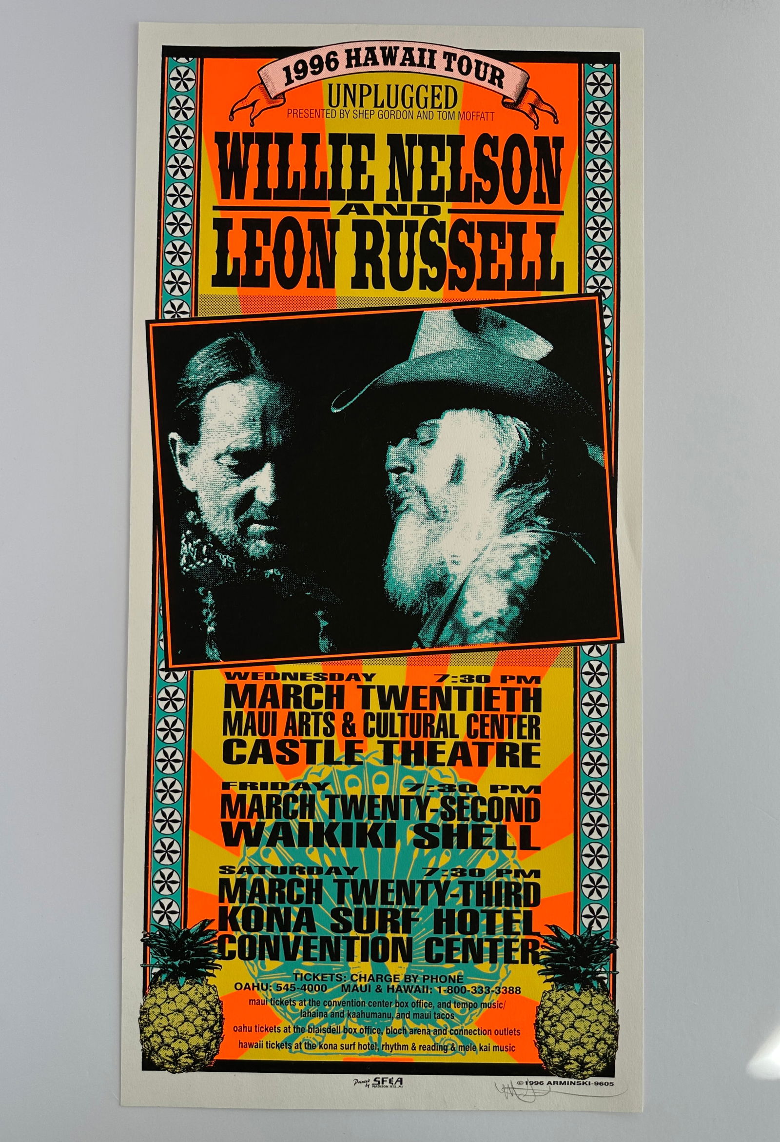 Vintage Willie Nelson Leon Russell Kona Signed Arminski Concert Poster.: Vintage Willie Nelson Leon Russell Kona Signed by Artist Mark Arminski Concert Poster...Original Silkscreen poster measures 22 1/4 x 10 1 /2 inches.