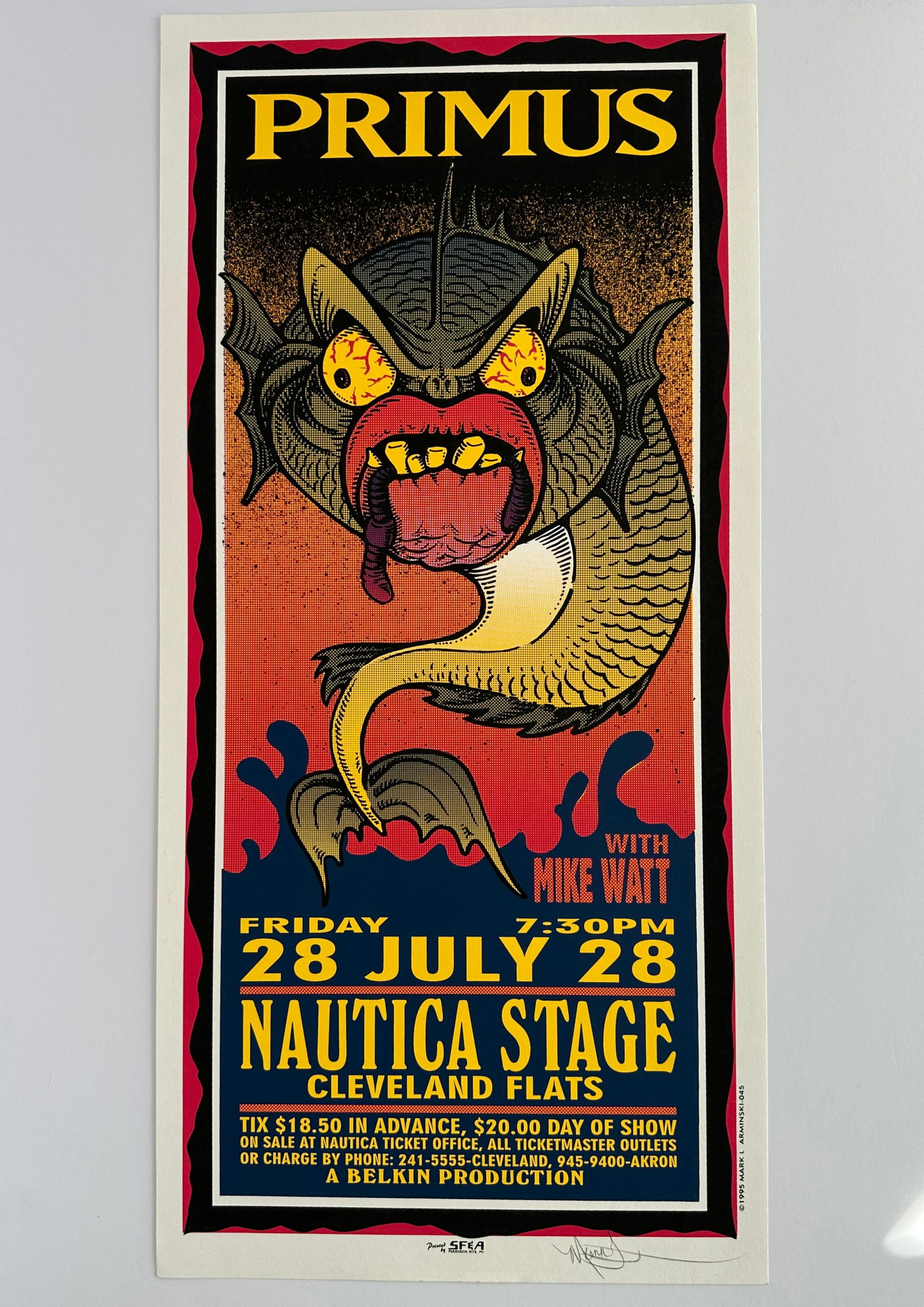 Vintage Primus Nautica Stage Cleveland Signed Arminski Concert Poster: Vintage Primus Nautica Stage Cleveland Signed by Mark Arminski Concert Poster...Original Silkscreen Poster. Measures 22 1/4 x 10 1/2 inches.