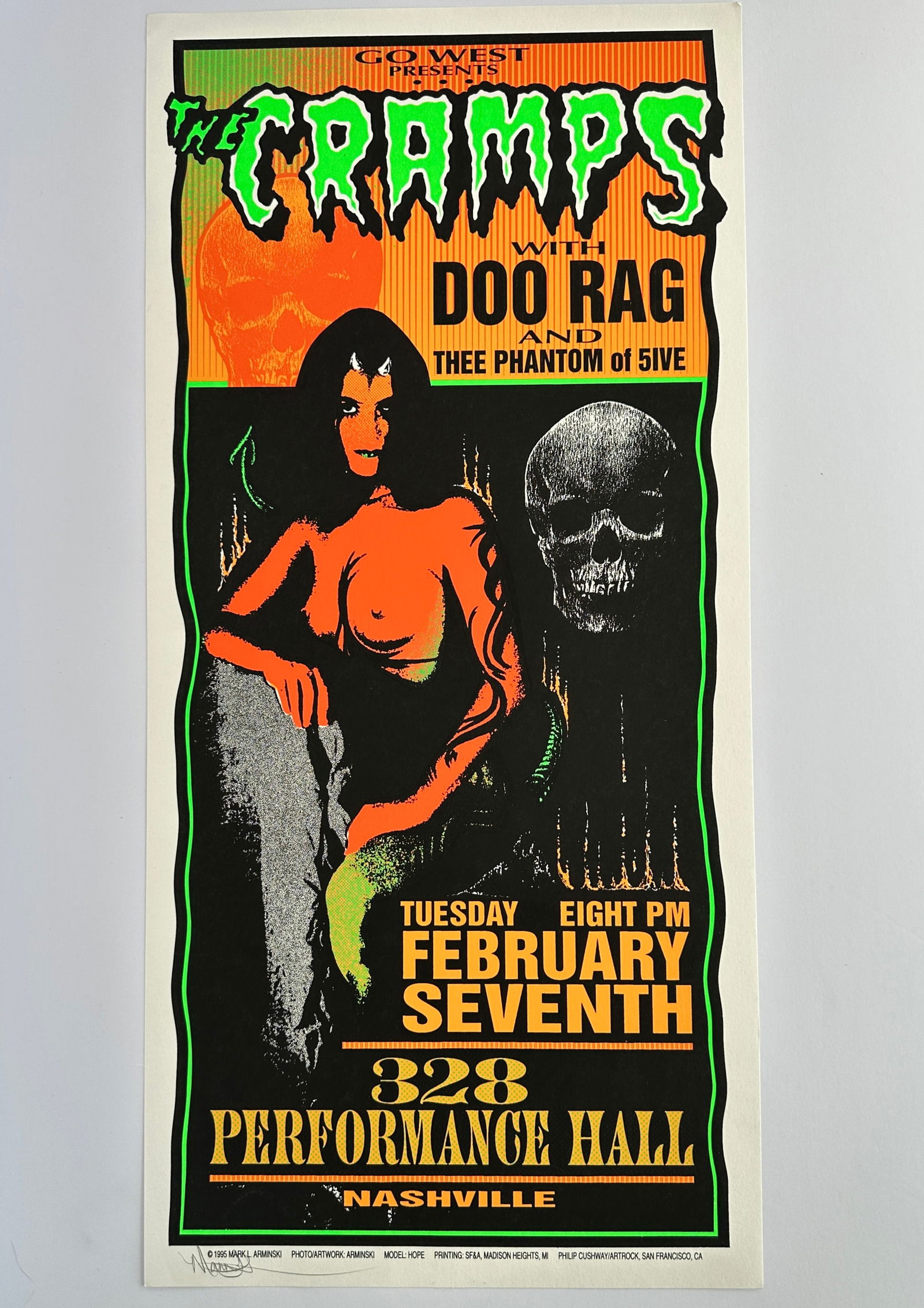 Vintage The Cramps Nashville Signed Mark Arminski Concert Poster: Vintage The Cramps Nashville Signed by artist Mark Arminski Concert Poster...Original Silkscreen Poster. Measures 22 1/4 x 10 1/2 inches.