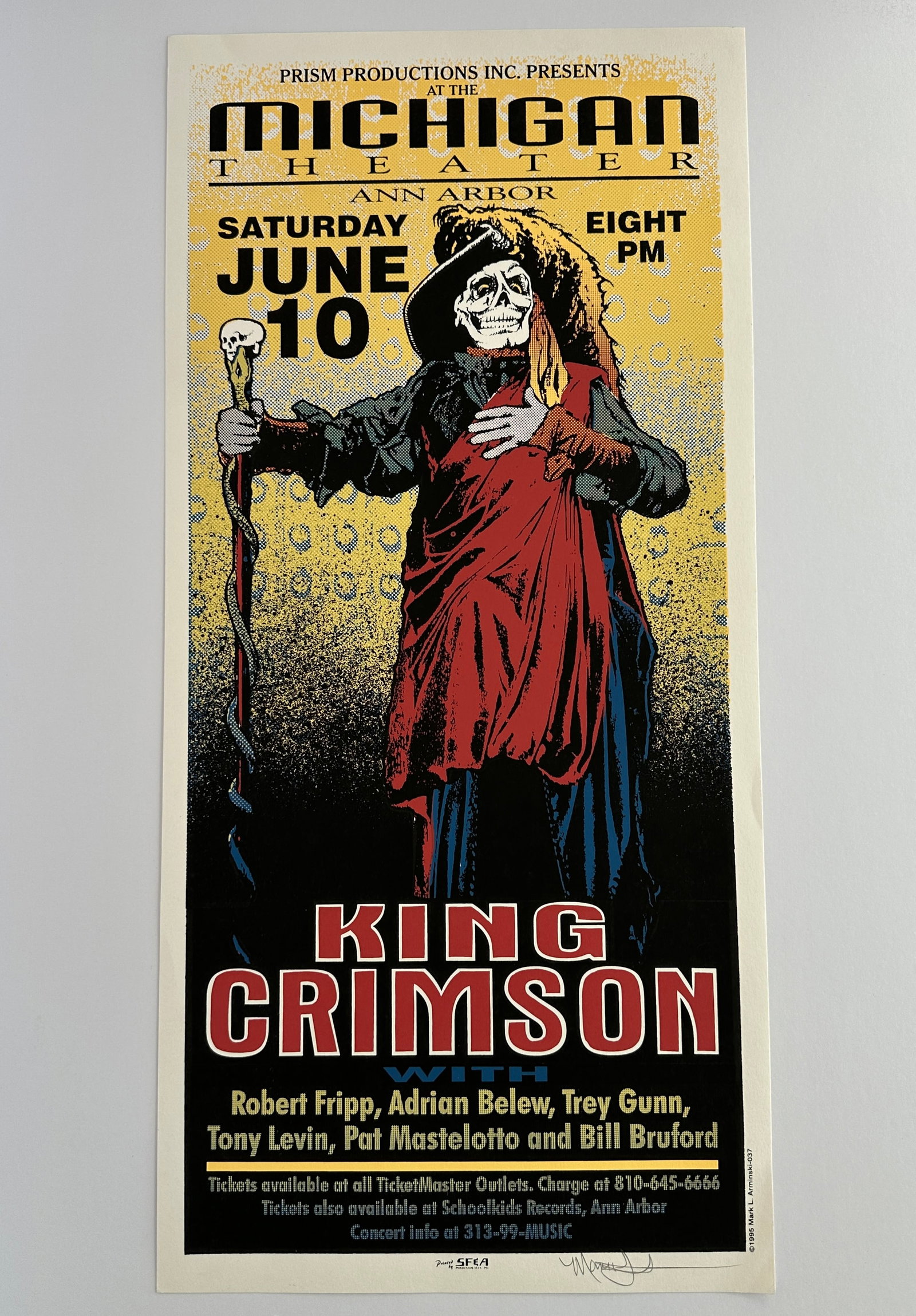 Vintage King Crimson Michigan Theater Signed Arminski Concert Poster: Vintage King Crimson Michigan Theater Signed Arminski Concert Poster...Original Silkscreen Poster. Measures 22 1/4 x 10 1/2 inches.