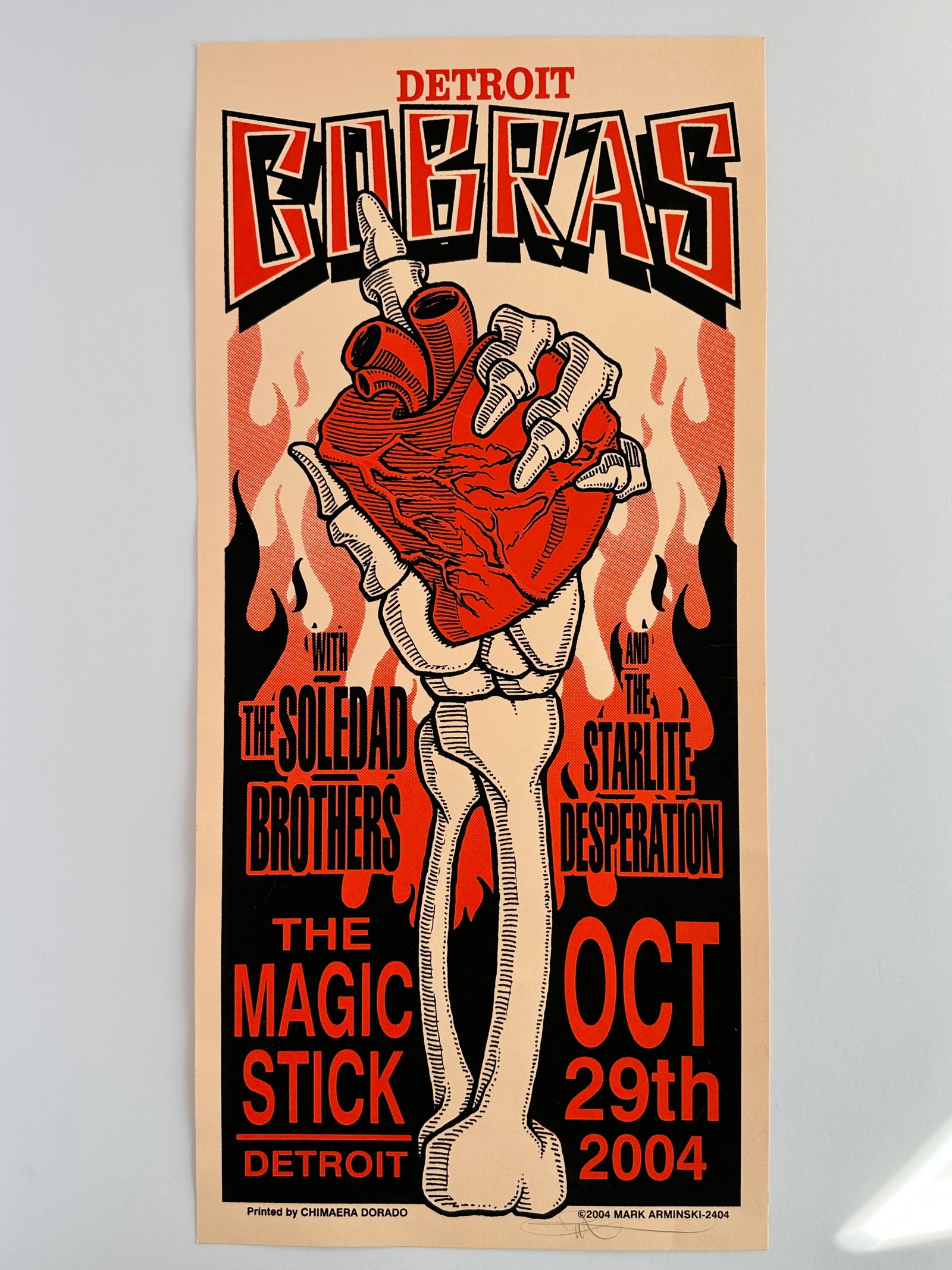 Vintage Detroit Cobras The Magic Stick Signed Arminski Poster: Vintage Detroit Cobras The MagicStick Signed by Mark Arminski Concert Poster...Original Silkscreen Poster. Measures 22 1/4 x 10 1/2 inches.