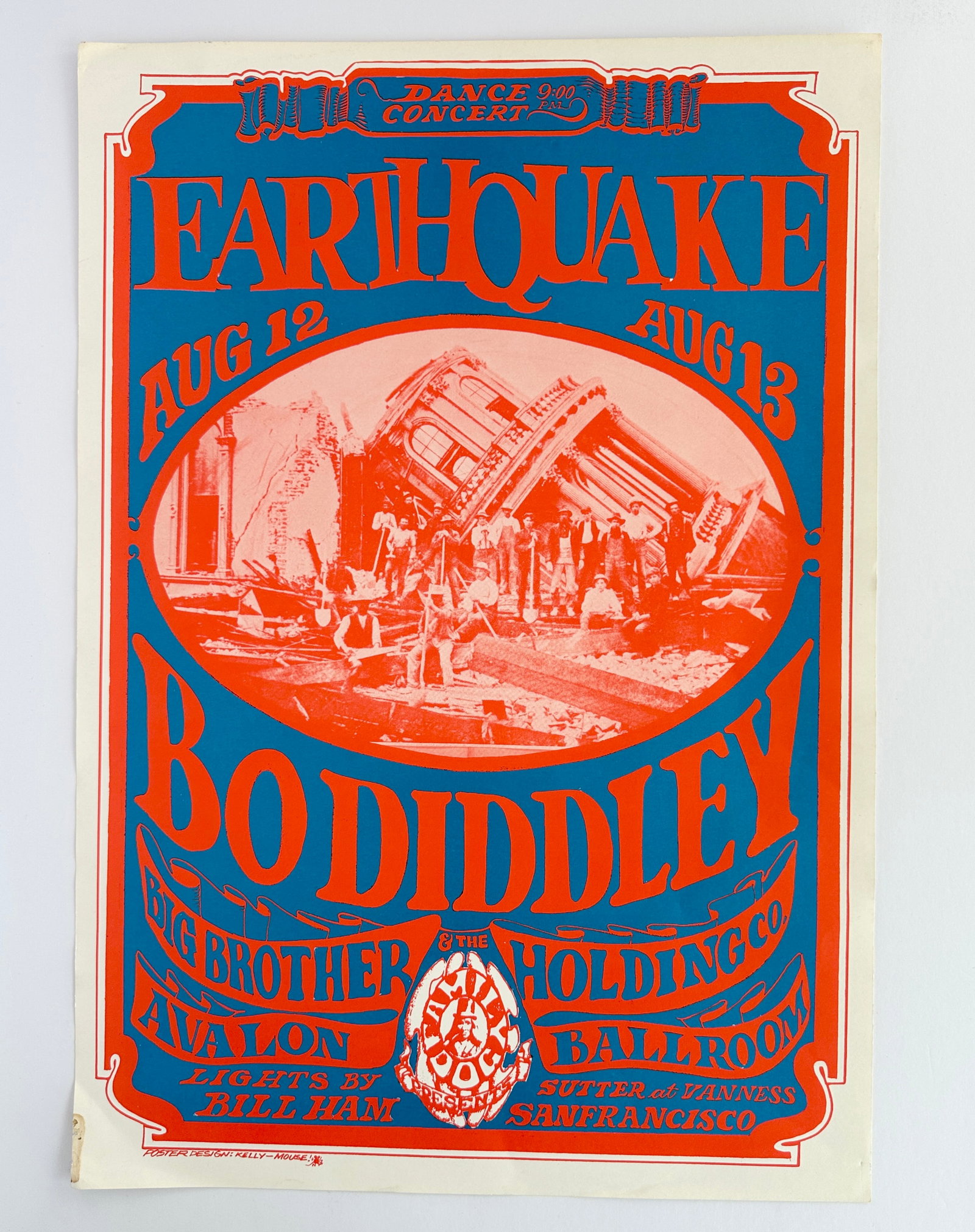 1966 Earthquake Bo Diddley Family Dog Avalon Concert Poster: Vintage Original 1966 Earthquake Bo Diddley Family Dog Avalon San Francisco Concert Poster...Measures 20 x 14 1/4 inches. Some wear and stain, but still a nice original.