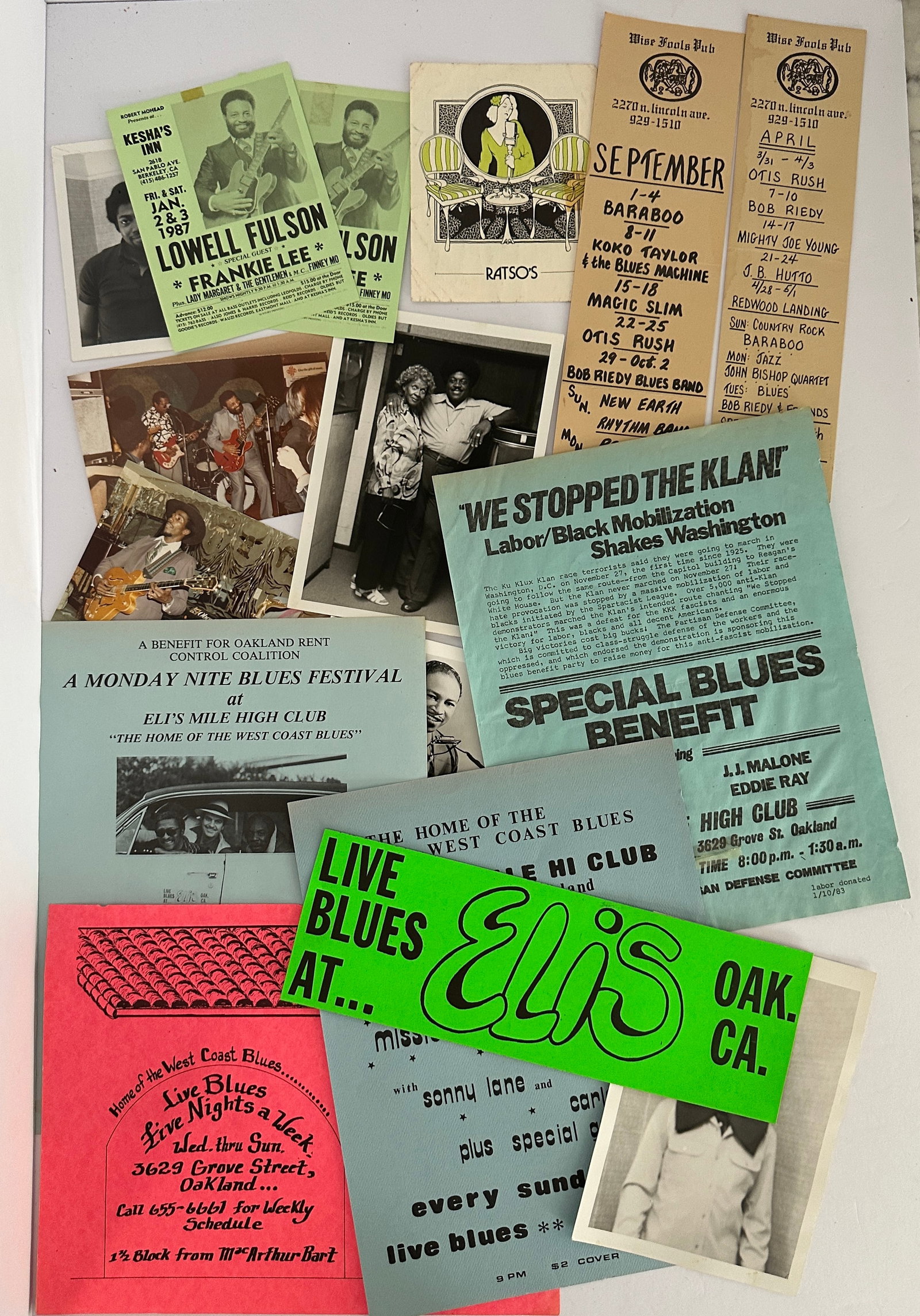 Lot of Vintage 1970s Eli's Oakland Blues Club Concert Flyers: Lot of Vintage 1970s Eli's Oakland Blues Club Concert Flyers...Many events and shows ...Including Eli's Bumper sticker and several photos.