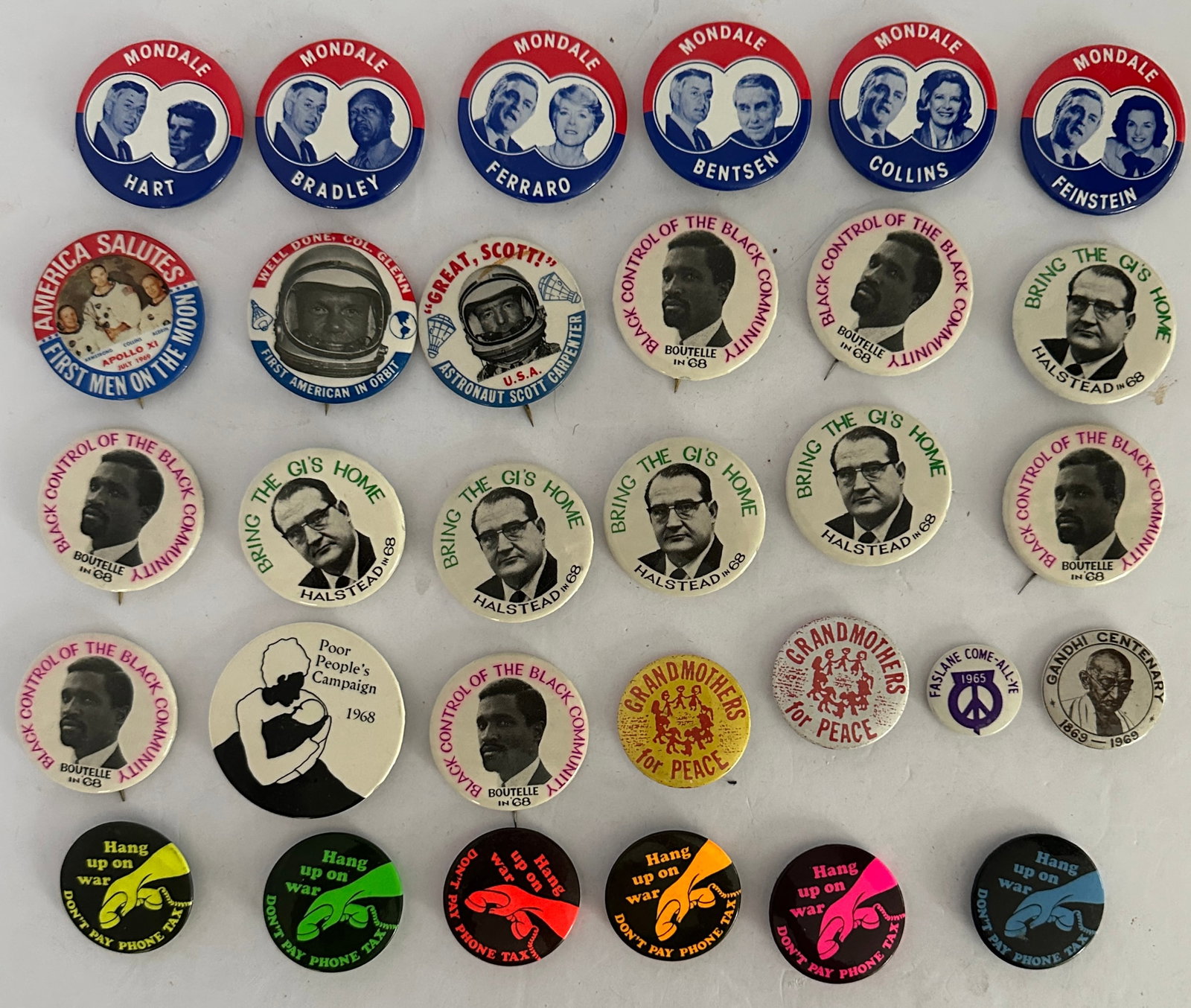 Lot of Vintage 1960s 70s 80s Campaigns Vietnam and Astronaut Buttons: This is a nice Lot of Vintage 1960s 70s 80s Campaigns Vietnam and Astronaut Buttons...Some very unique pieces here including possible running mate set for Walter Mondale,Anti Vietnam Hang Up on War, A