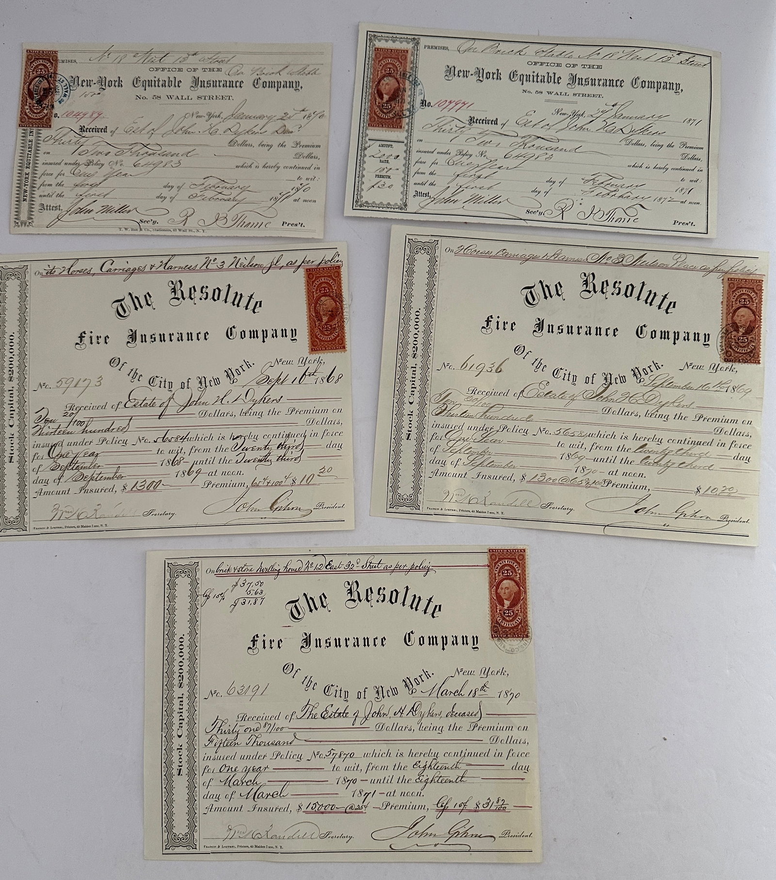 5 Antique 1868 1870 1871 Resolute Fire Insurance NY with Revenue Stamp: 5 Antique 1868 1870 1871 Resolute Fire Insurance NY Receipts with .25 Cent Revenue Stamp. Good Condition