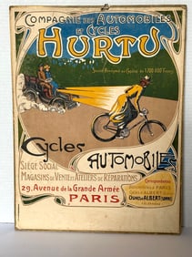 Antique Hurtu Bicycles and Automobiles French Poster Circa 1900