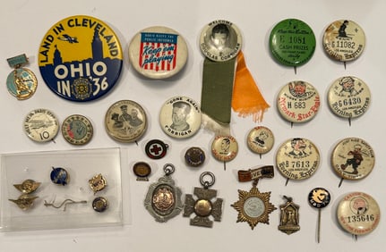 Lot of Antique Vintage Pinbacks Buttons Medals Aviation Sports Newspaper