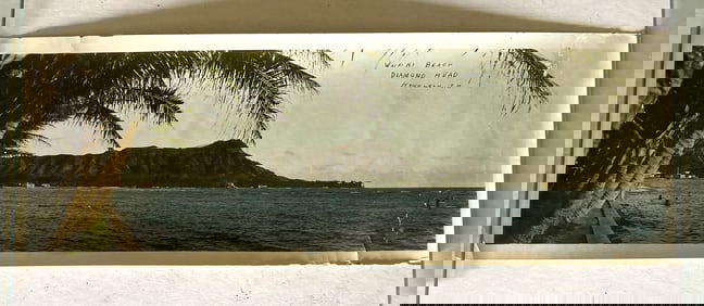 Original Hand Tinted Waikiki Diamond Head Hawaii Panoramic Photograph Picture Photo